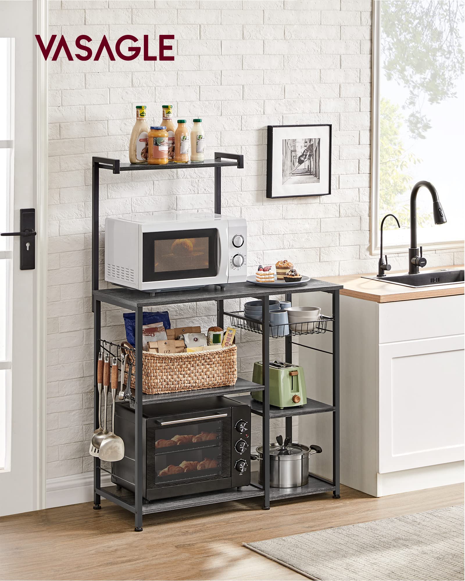 VASAGLE Kitchen Storage Rack with Shelves & Wire Basket - Microwave Stand, Baker's Rack with 6 Hooks for Spices, Pots & Pans - Charcoal Gray & Black UKKS035B04 - Perfect for Small Kitchens, Pantry Organization & Countertop Storage