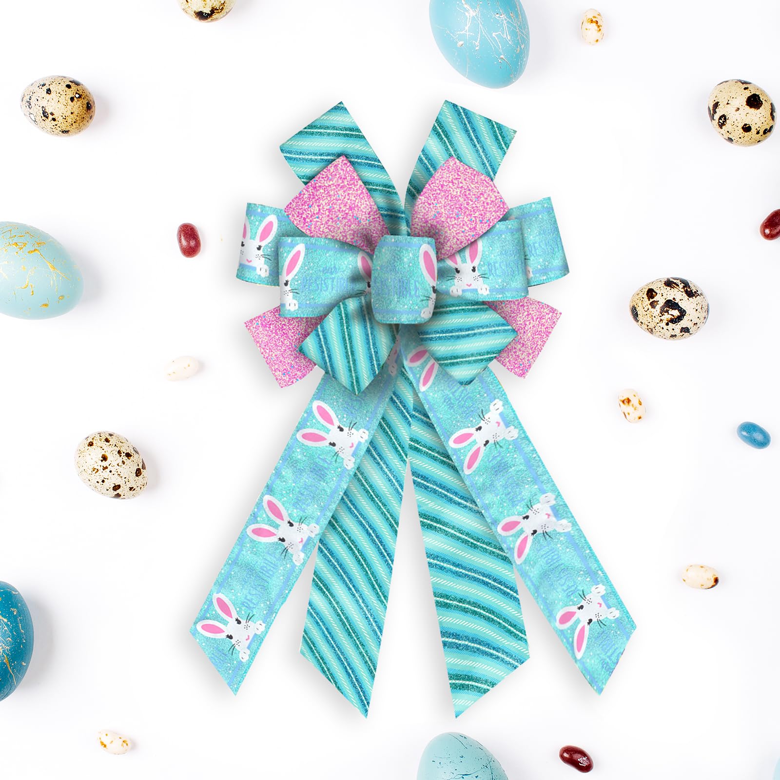 Large Easter Bunny Bows for Wreaths - Glitter Pink & Blue Spring Rabbit Burlap Bows - Holiday Tree Topper & Front Door Decorations - Perfect for Easter Wreaths, Party Supplies & Home Decor
