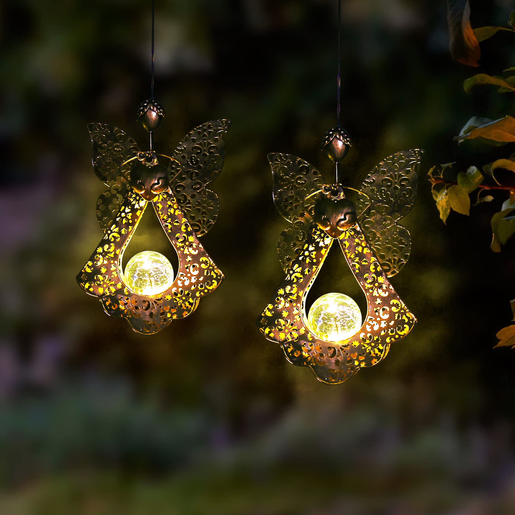 Outdoor Hanging Solar Lights - Waterproof LED Solar Lantern with Crackle Glass Globe & Metal Angel Design for Porch, Patio, Yard, Garden - Perfect for Memorial Gifts, Evening Ambiance & Landscape Lighting