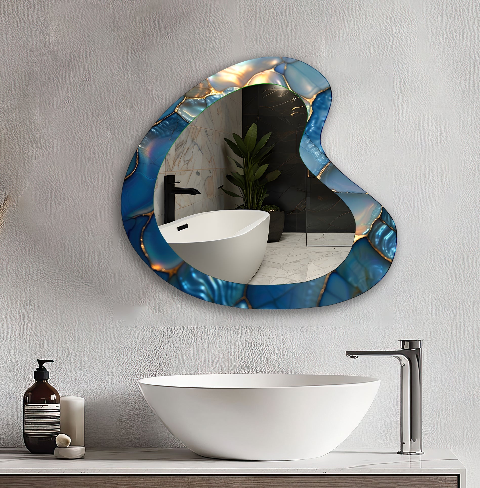 Blue Abstract Irregular Glass Wall Mirror - Modern Decorative Mirror for Living Room, Bedroom & Entryway - Unique Home Decor Accent Piece