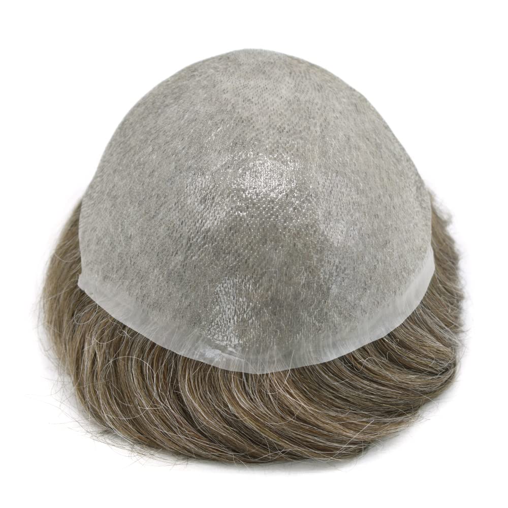 Ultra Thin Skin 0.04mm Men's Toupee - V-looped Soft PU Hairpiece with Full Poly Base | Human Hair Replacement System Wig in Black, Grey & Brown (#750 Light Brown with 50% Synthetic Grey) | Natural Looking Hair Solution for Balding Men & Daily Wear