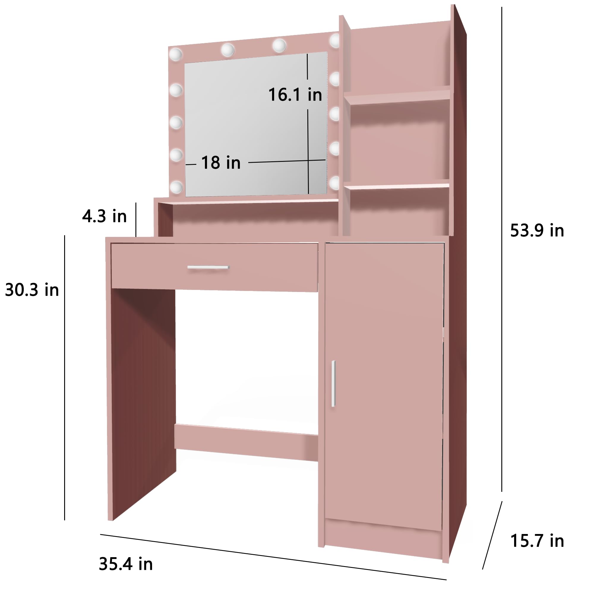 Vanity Desk with Mirror and Light - Large Drawer & 3-Tier Storage Dresser, 3 Adjustable Lighting Modes, Pink Makeup Dressing Table for Bedroom | Perfect for Makeup, Skincare & Jewelry Organization