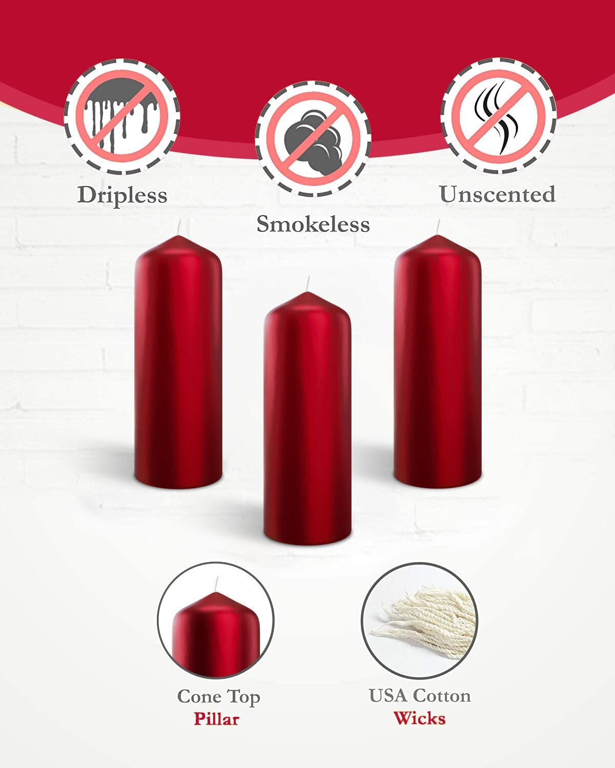 Bask Metallic Red Cone Top Pillar Candles - Set of 3 Dripless Unscented 3x6 Inch Holiday Candles for Home Decor, Wedding Centerpieces, Christmas Table Settings & Relaxation