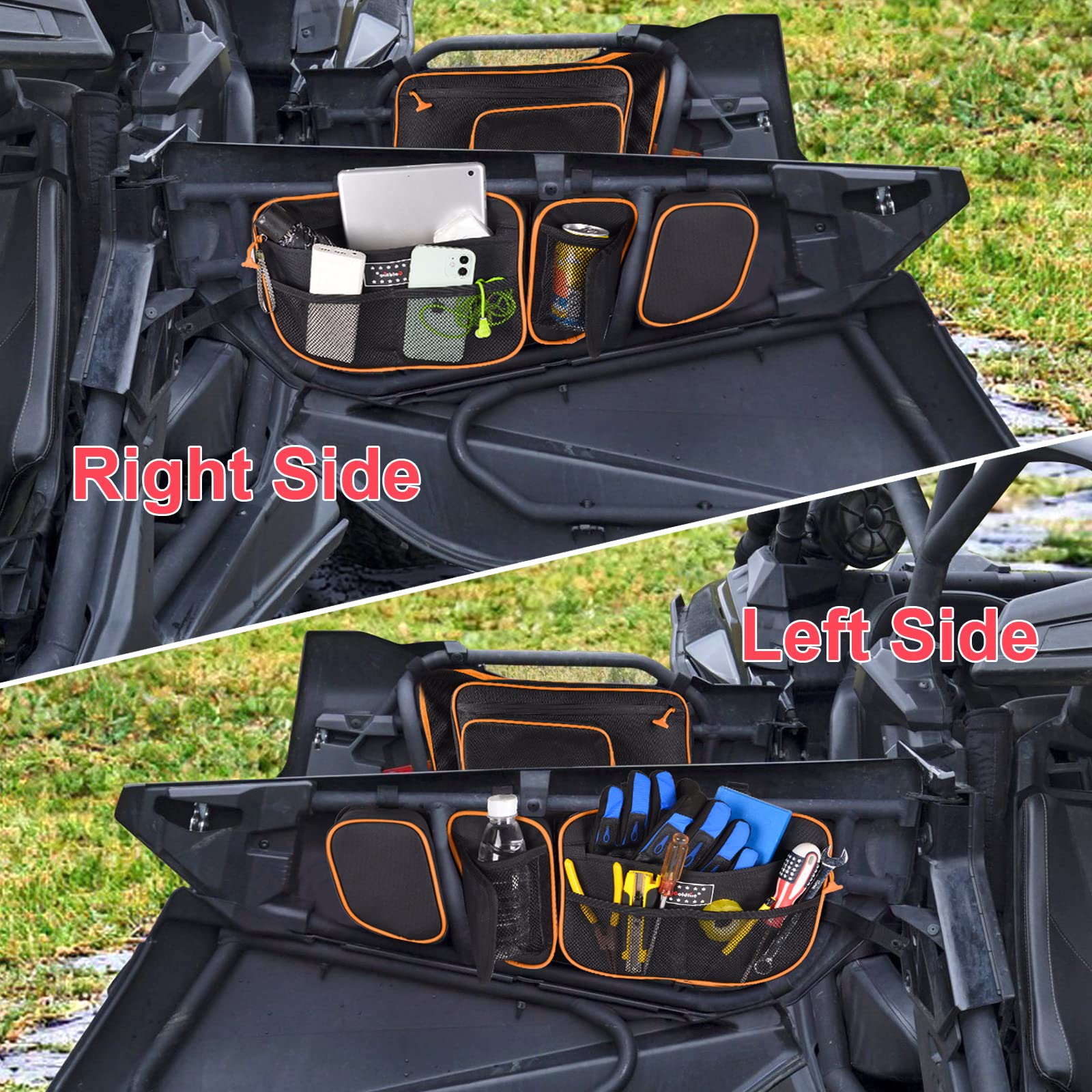 **Can Am Maverick X3 Accessories - Front Upper Door Storage Bags & Tool Organizer with Removable Knee Pad for 2017+ Maverick X3 Max XRS XDS Turbo RR (Orange Piping) - Perfect for Off-Road Gear Storage & Organization**