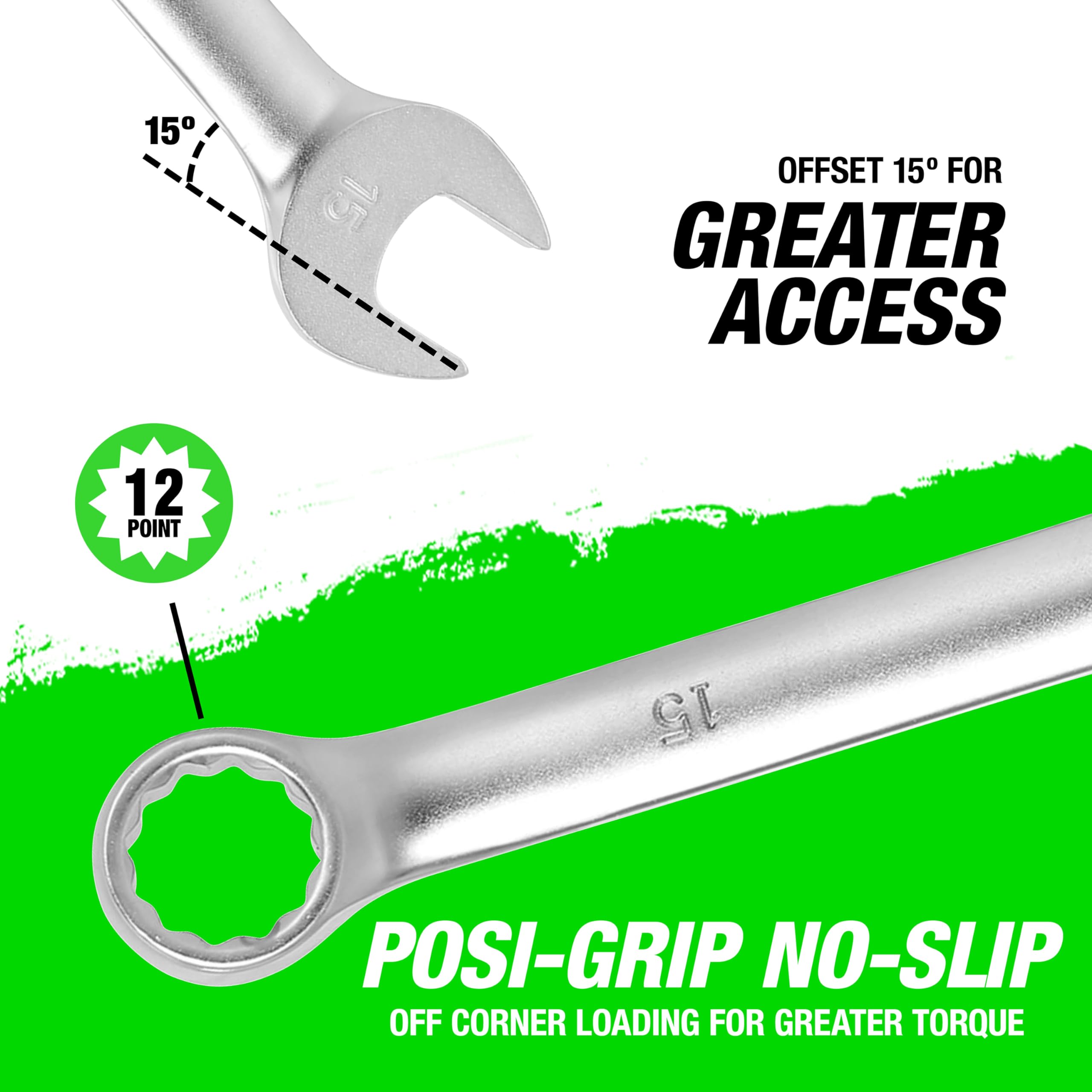 OEMTOOLS 22018 15mm Metric Combination Wrench - Long Shaft for Extra Torque & Leverage - Smooth Open End Protects Soft Fasteners - Professional Mechanic Tool for Auto Repair & DIY Projects