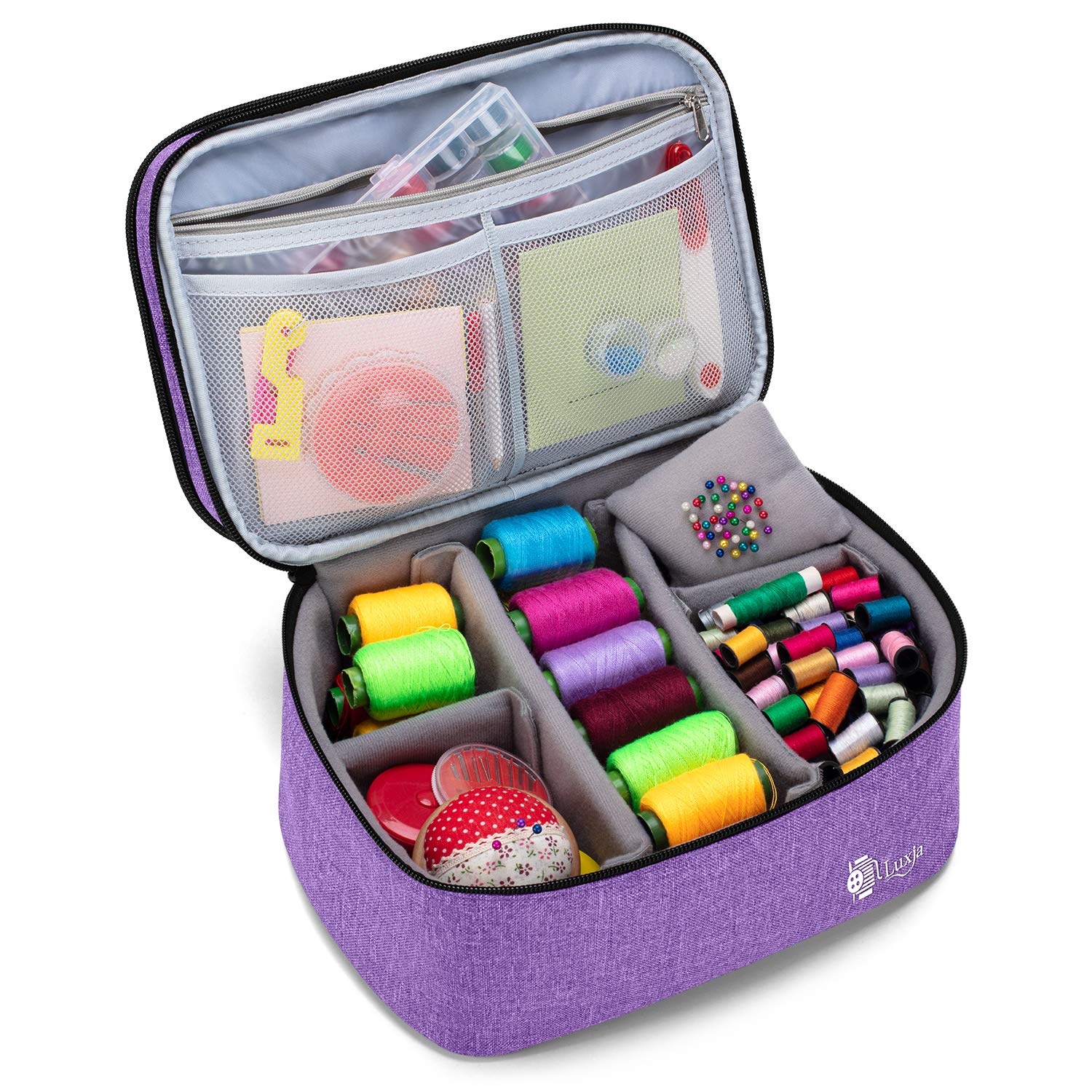 Luxja Double-Layer Sewing Accessories Organizer - Large Purple Storage Case for Needles, Thread, Scissors, Measuring Tape & Sewing Tools | Perfect for Home Sewing, Quilting & Craft Projects