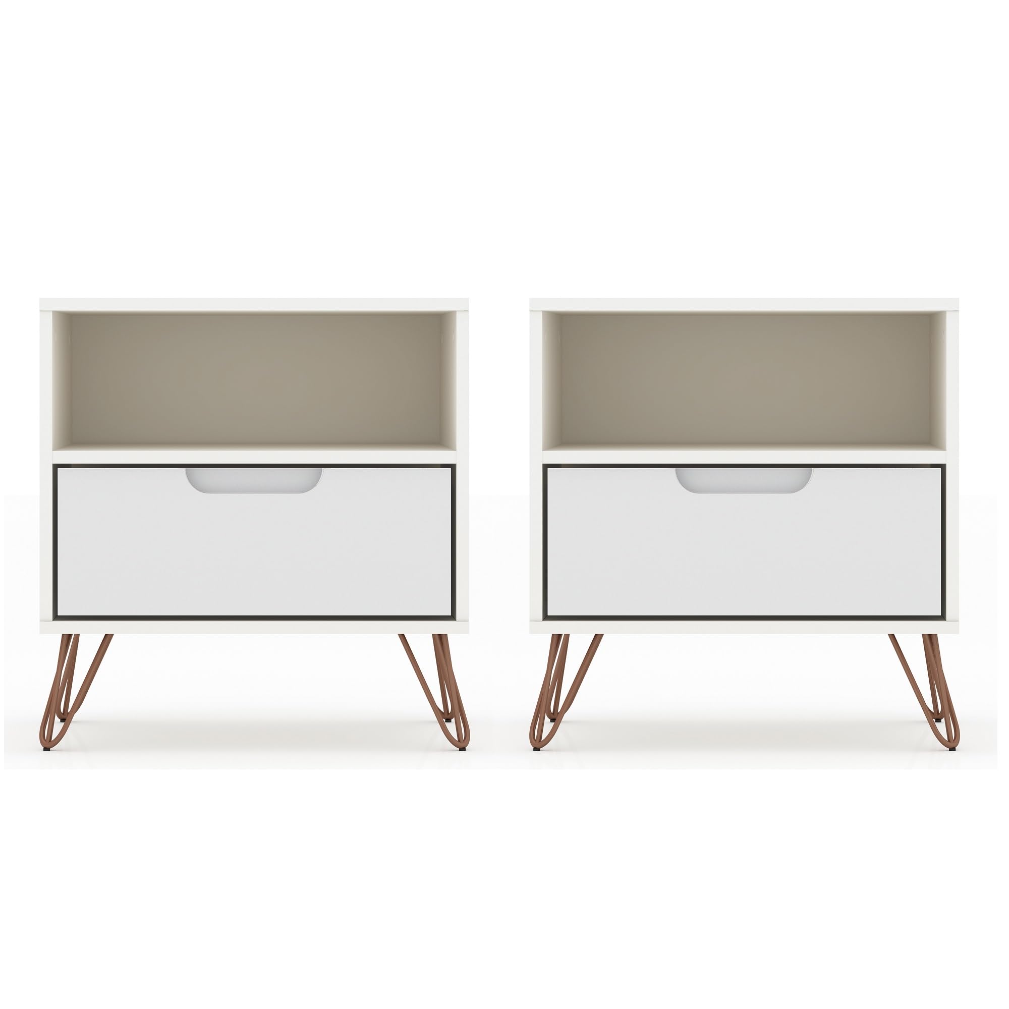 Mid Century Modern Nightstands Set of 2 - White Rockefeller Bedside Tables with Drawer & Cubby Storage | Functional Bedroom & Living Room Furniture for Home Organization | Perfect for Small Spaces & Guest Rooms