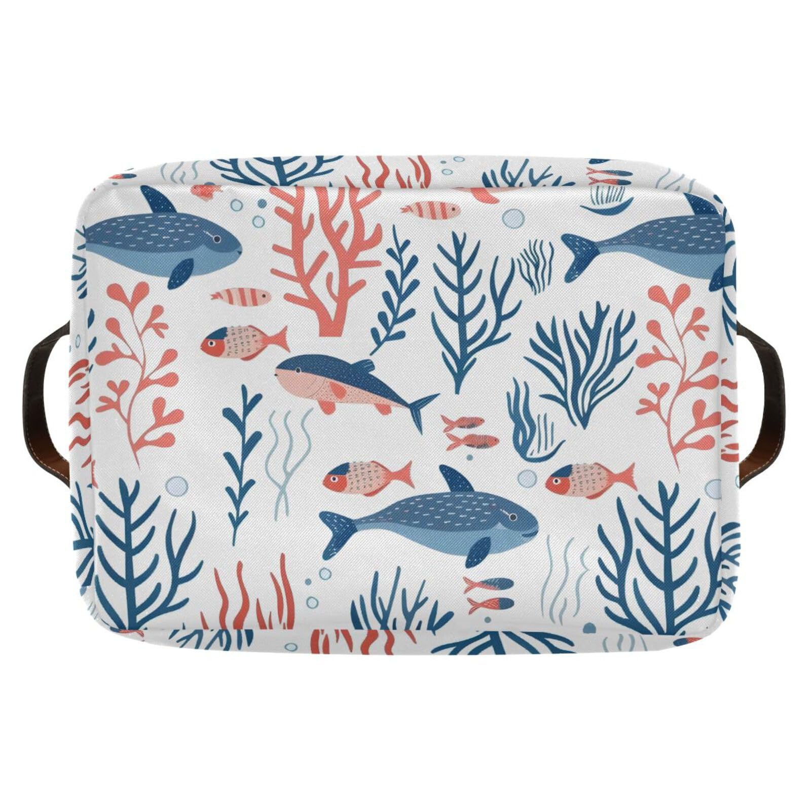 ALAZA Large Foldable Storage Baskets with Handles - 2 Pack Organizing Bins for Shelves, Home, Office & Closet | Perfect for Fish Coral Reef Decor, Toys, Books & Laundry Organization