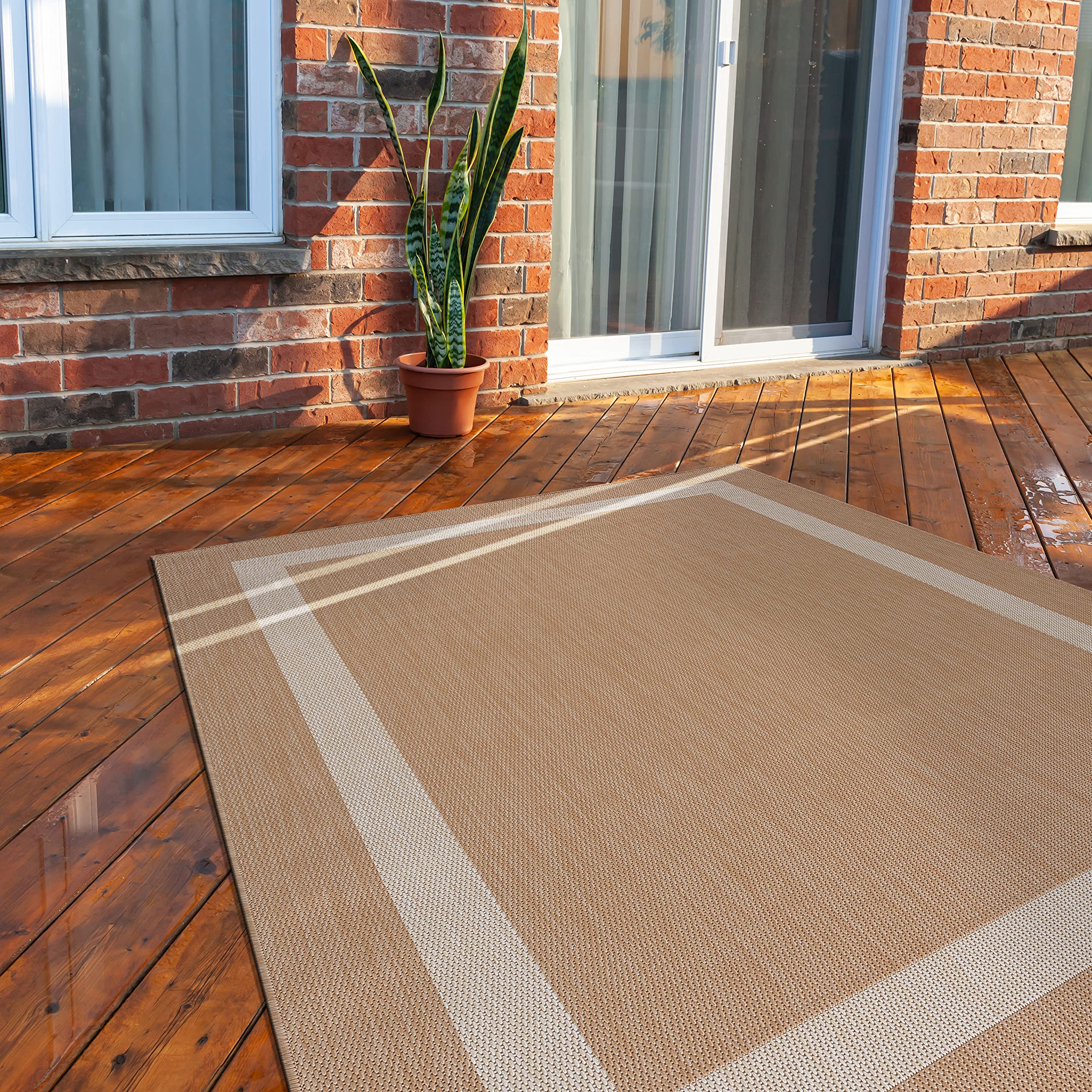 CAMILSON 6x9 Outdoor Rug - Modern Washable Area Rug for Patio, Kitchen, Hallway - Beige & White Bordered Design - Perfect for Backyard, Deck, and Indoor Spaces