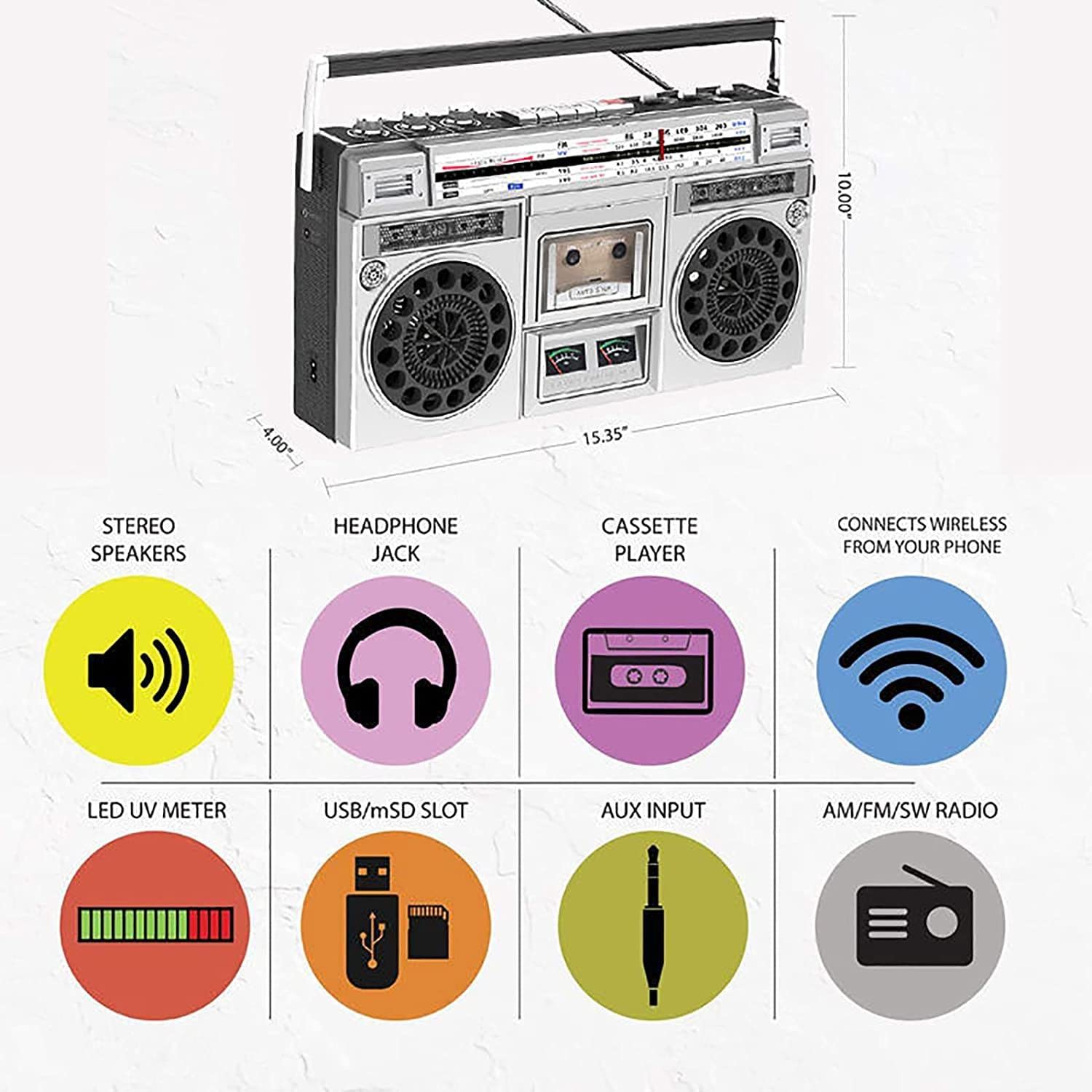Portable Bluetooth CD Cassette Player Boombox with Remote Control - AM/FM Radio, Headphone Jack & AUX Input - Perfect for Home, Office and Outdoor Use