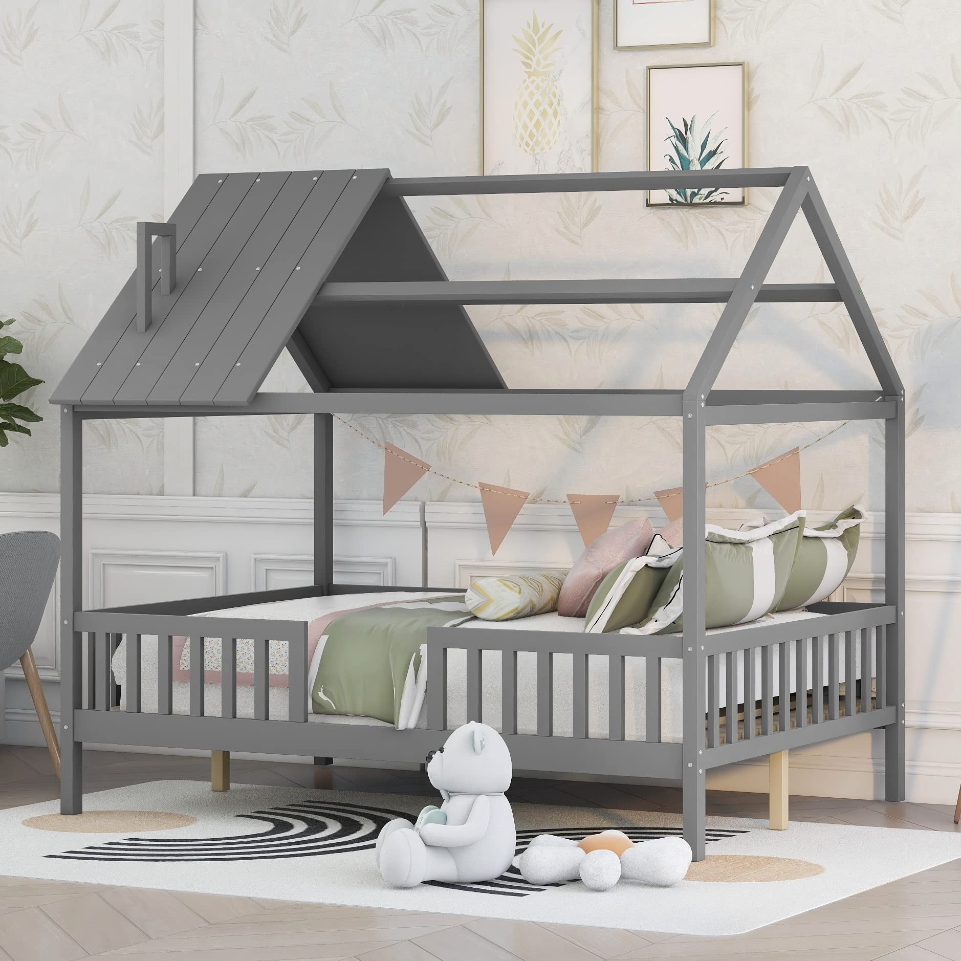MERITLINE Full Size Kids House Bed Frame with Roof, Chimney & Fence - Wooden Toddler Platform Bed with Slats Support, No Box Spring Needed - Grey & Grey Color - Perfect for Children's Bedroom, Playroom or Nursery Decor