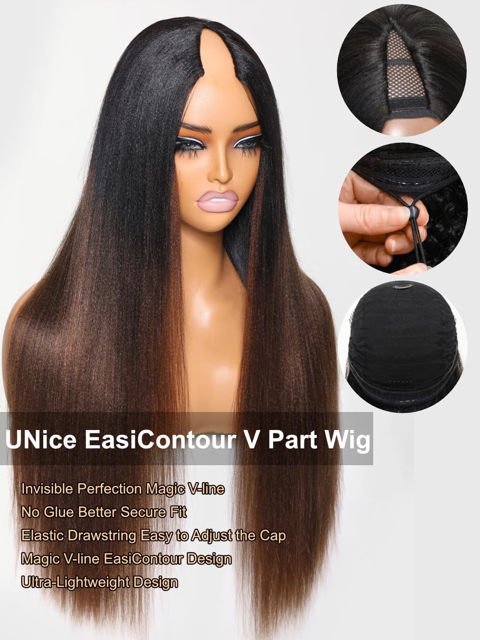 UNICE EasiContour V Part Wigs Human Hair Yaki Straight Glueless Wigs - No Sew in No Glue Ombre Chestnut Brown Clip-in V Part Wig (24 inch) | Beginner Friendly Upgrade U Part Human Hair Wig for Daily Wear, Parties & Special Occasions