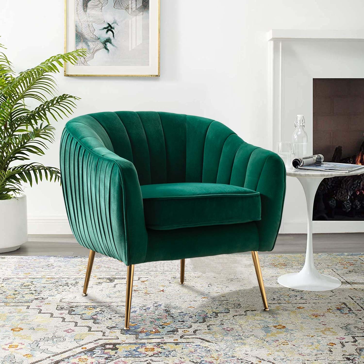 Luxury Velvet Accent Chair - Modern Barrel Armchair with Golden Finish in Christmas Green - Perfect for Living Room, Bedroom & Home Office Decor
