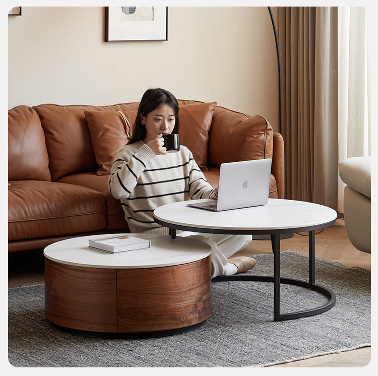 Premium Black Walnut Solid Wood Round Coffee Table - Modern Luxury Rock Plate Design for Living Room, Lounge & Office Decor