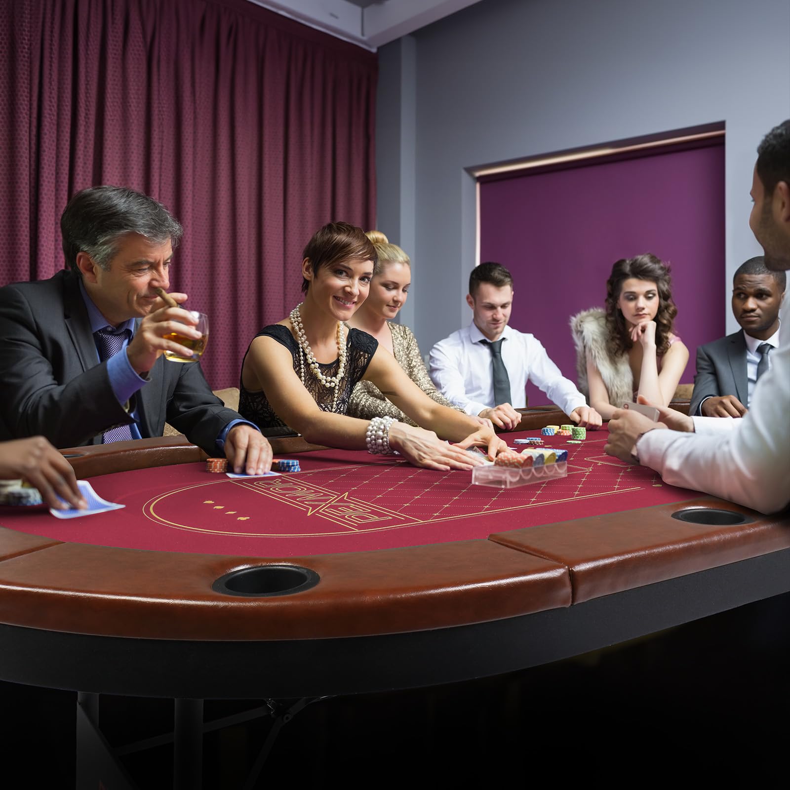 PEXMOR 10 Player Foldable Poker Table with Stainless Steel Cup Holders - Casino Grade Felt & Water Resistant Cushioned Rail - Texas Holdem Blackjack Game Table for Home Casino Nights & Poker Parties (Fully Assembled)