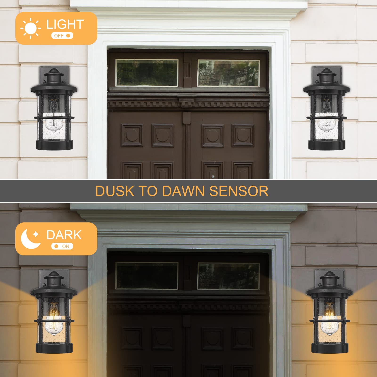 Outdoor Wall Sconces 2 Pack - Dusk to Dawn Exterior Wall Mount Lighting with Seeded Glass & Black Finish - Perfect for Porch, Patio, Garden, and Entryway Lighting