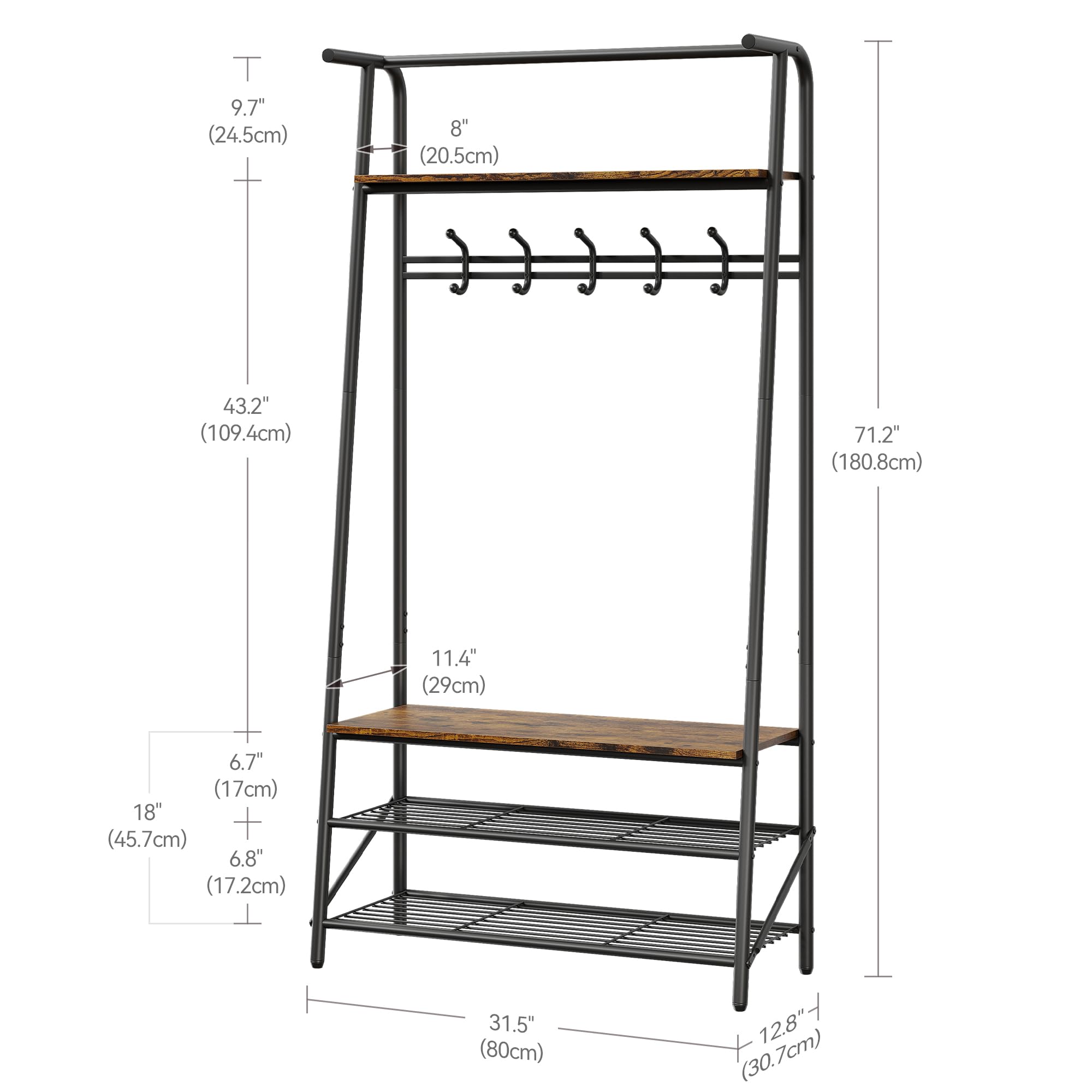 GARVEE 4-in-1 Entryway Organizer - Wood Look Coat Rack with Shoe Bench, Storage Shelf & Hanging Bar - Industrial Style Steel Frame in Rustic Brown & Black - Perfect for Mudroom, Foyer & Home Entryway Organization