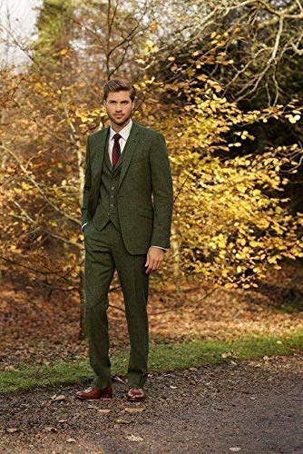 Men's Classic Olive Green Tweed Wool 3-Piece Suit Set - Vintage Wedding Groom Jacket, Vest & Pants - Perfect for Formal Events, Business Attire & Special Occasions