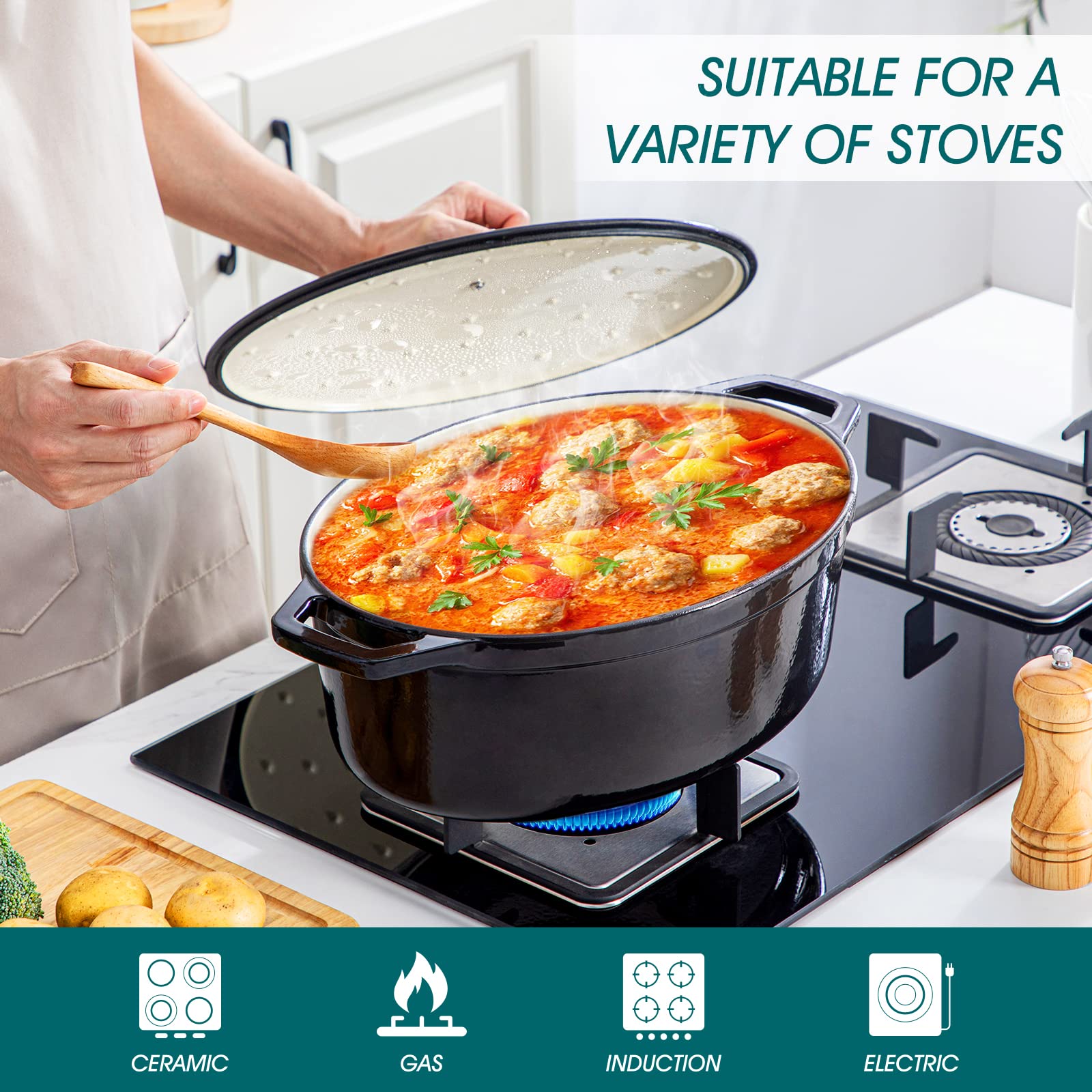 Vancasso Enameled Cast Iron Oval Dutch Oven - 9.3 Quart Non-Stick Enamel Coated Pot with Lid - Perfect for Bread Baking, Soups, Stews & Camping - Black Double Handle Cookware for Oven & Stovetop Use
