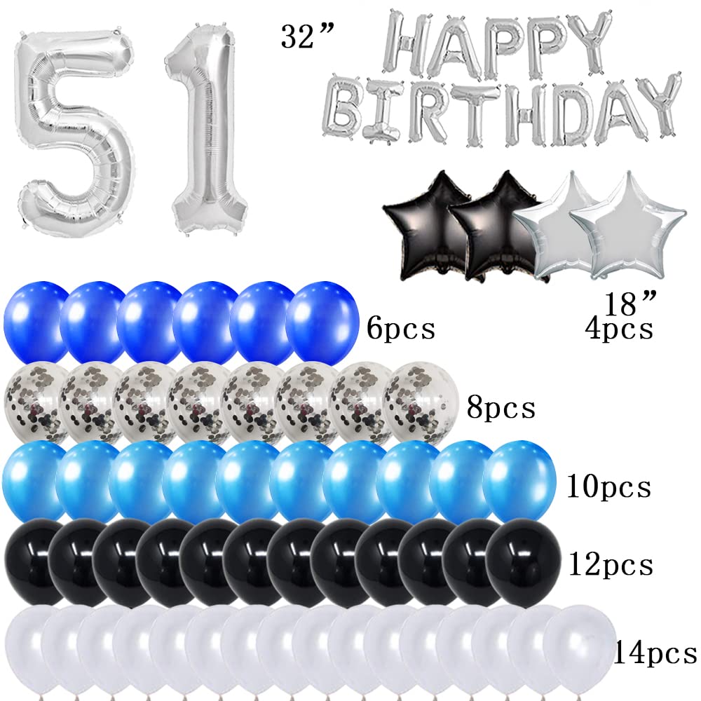51st Birthday Party Decorations Set - Foil Happy Birthday Banner, Number 51 & Star Balloons, 47pcs Latex Balloons in Silver & Blue for Adult Milestone Celebration Decor