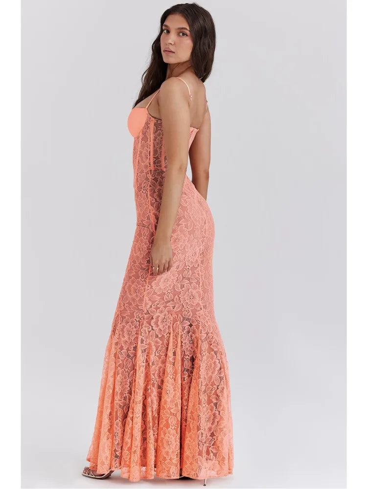 Articat Sexy Lace Mesh Patchwork Fishbone Spaghetti Strap Long Dress for Women | Backless Tight Zipper Evening Gown | Perfect for Club Parties, Date Nights & Special Occasions 2024