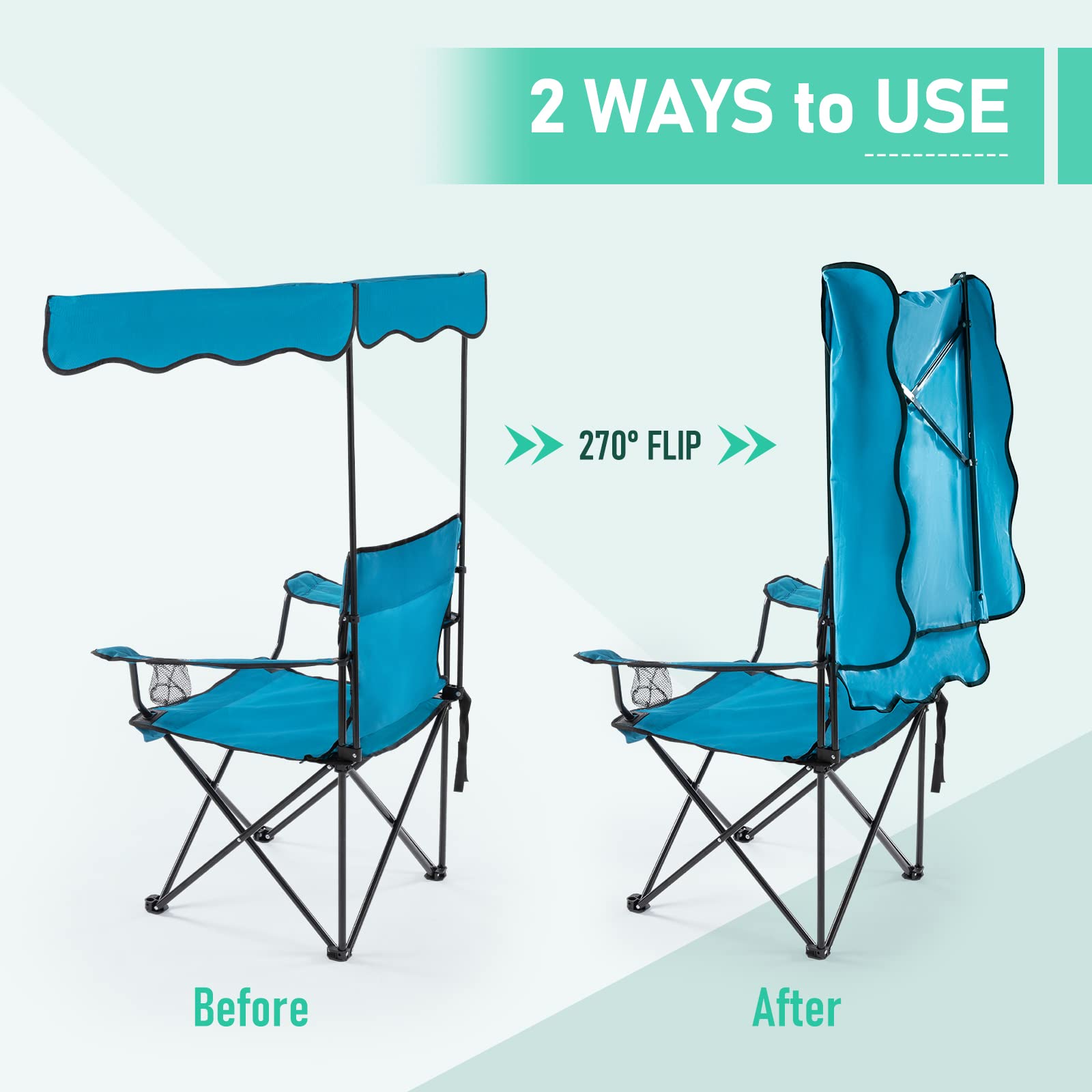 Portable Folding Camping Chair with Canopy Shade - Heavy Duty 330lbs Capacity Lawn Chair with Cup Holder & Umbrella Support - Perfect for Beach, Fishing, Picnics, Garden, Sports & Outdoor Patio Relaxation