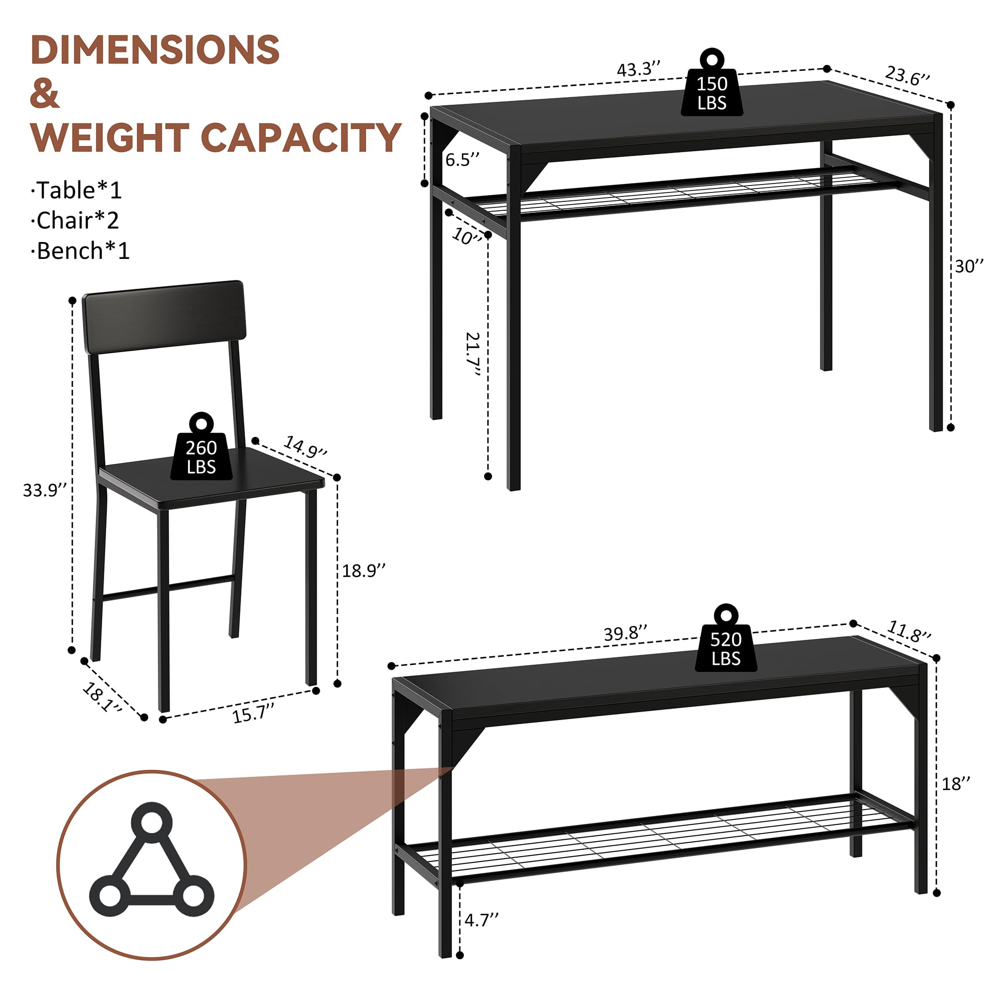 Meilocar 4-Piece Wooden Dining Table Set with 2 Chairs & Bench, Industrial Kitchen Table with Storage Racks - Perfect for Small Spaces, Breakfast Nooks & Modern Farmhouse Dining Rooms