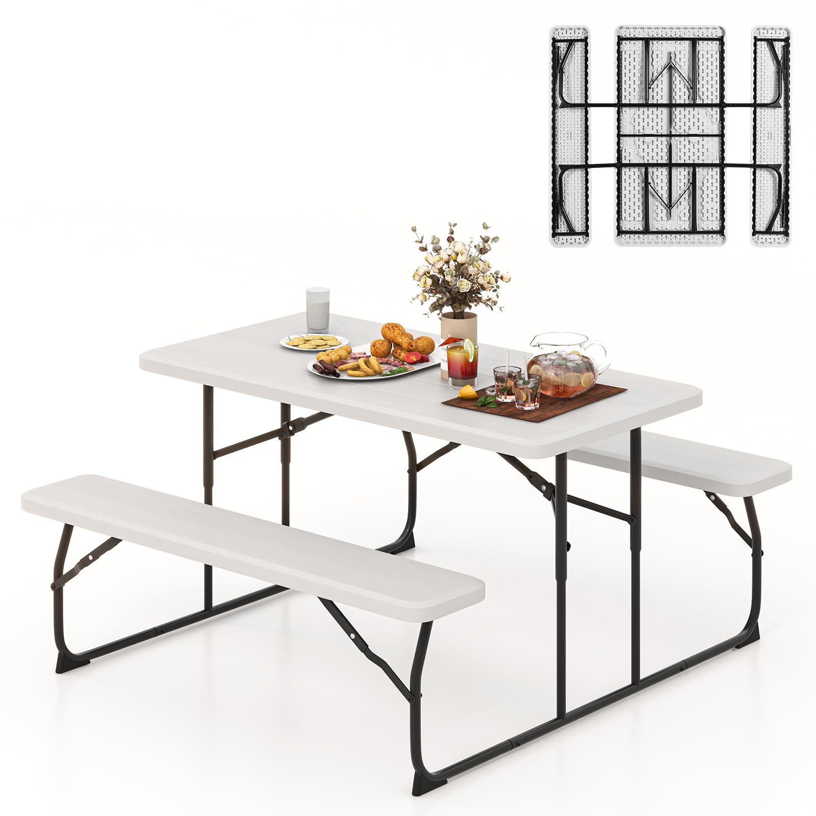 Tangkula Folding Picnic Table with 2 Benches - Portable Outdoor Camping Table Set with Wood-Like Plastic Tabletop & Sturdy Steel Frame - Foldable for Picnics, Parties, BBQs, Camping & Backyard Gatherings (White)