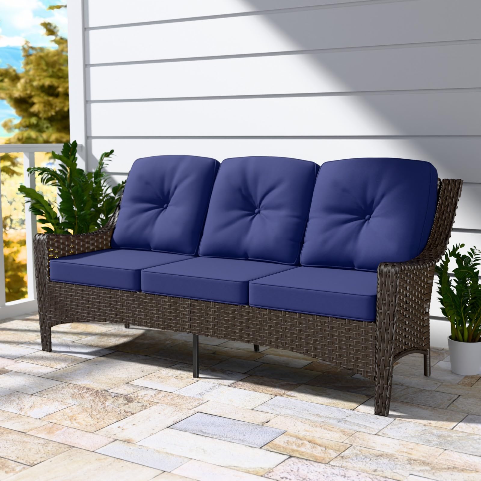 Stone Creek 3-Seater Wicker Patio Sofa Set with Cushions - Outdoor Loveseat Furniture for Backyard, Deck, Porch - Weather-Resistant Brown/Blue Wicker Couch - Perfect for Relaxing, Entertaining & Outdoor Lounging