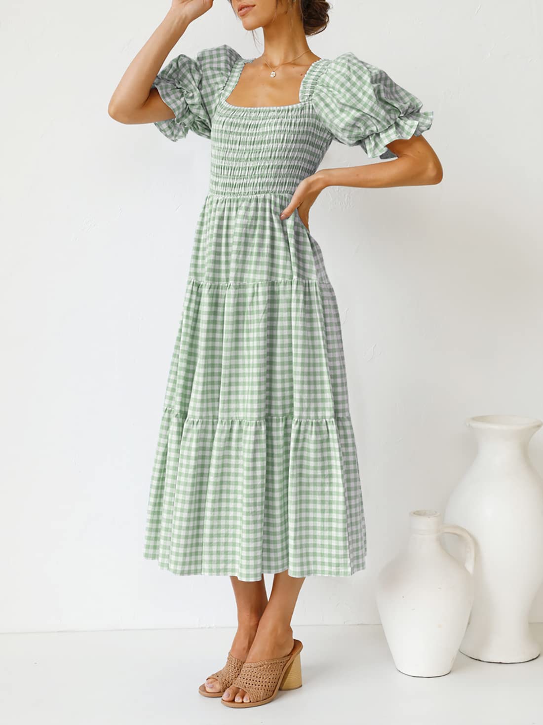 ZESICA Women's 2025 Bohemian Summer Dress - Plaid Square Neck, Puff Sleeve & Ruffle Flowy Midi Dress for Beach Vacation, Party & Casual Outings