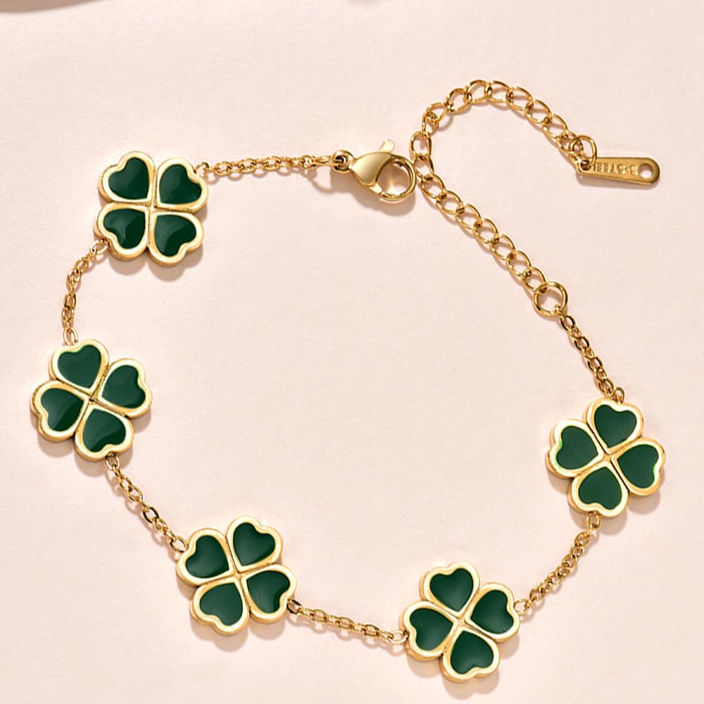 18K Gold Plated Clover Lucky Link Bracelet for Women - Trendy Four Leaf Clover Jewelry Gift for Birthday, Anniversary & Good Luck Charm | Perfect for Everyday Wear, Special Occasions & Gift Giving