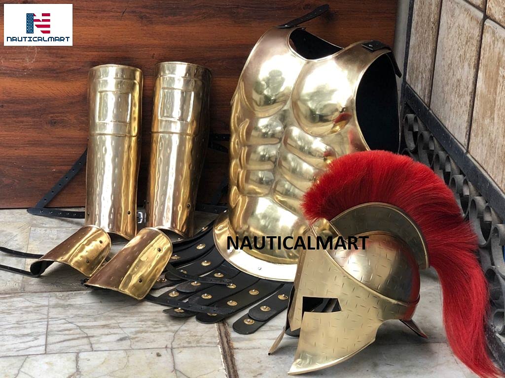 King Leonidas 300 Spartan Brass Helmet with Black Plume - Medieval Muscle Armor Jacket - Brass Antique Leg & Arm Guards - Spartan Warrior Costume for Cosplay, Halloween & Historical Reenactments