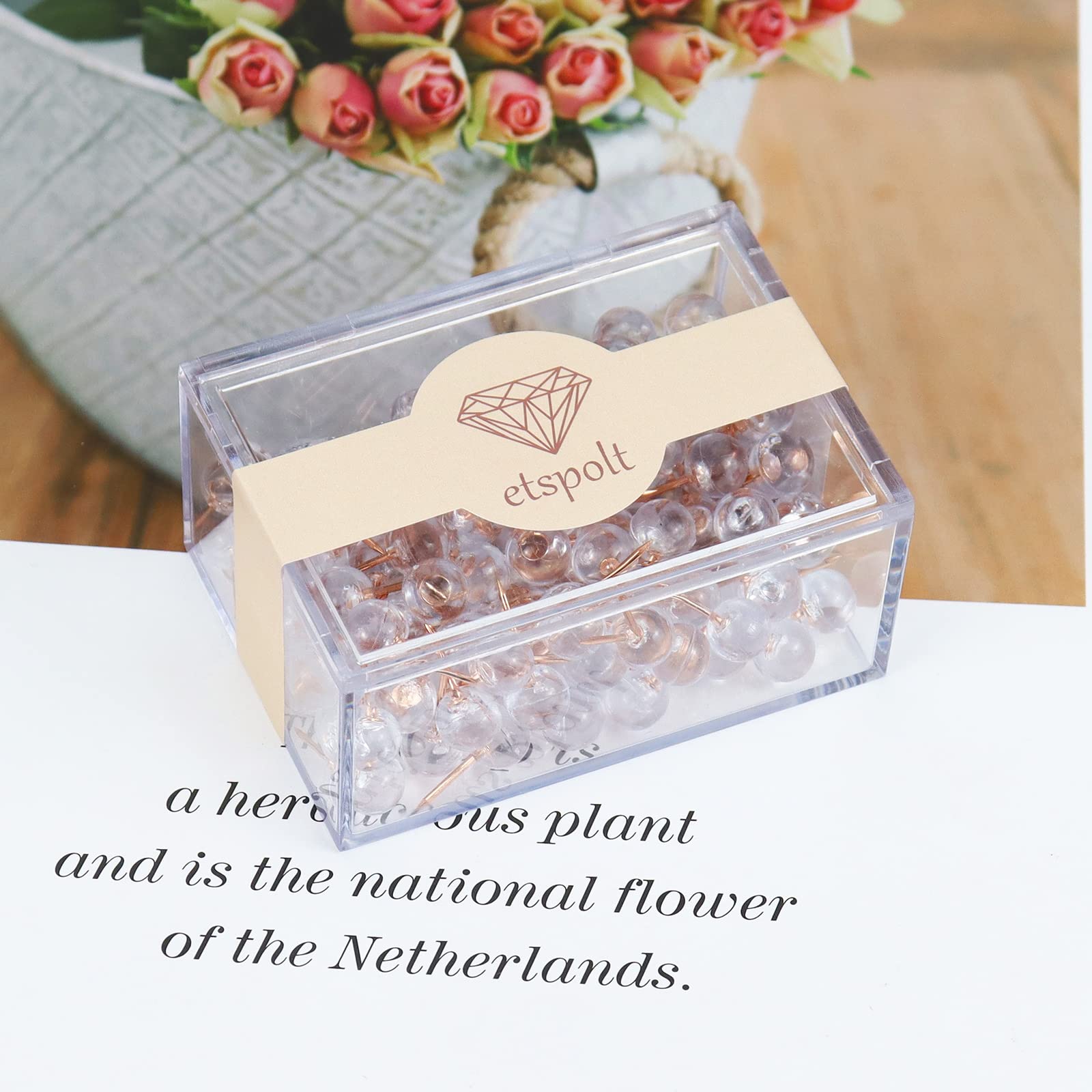 120-Count Rose Gold Steel Point Clear Round Head Push Pins - Thumb Tacks for Cork Board, Bulletin Board & Office Organization | Perfect for Home, School & Office Use