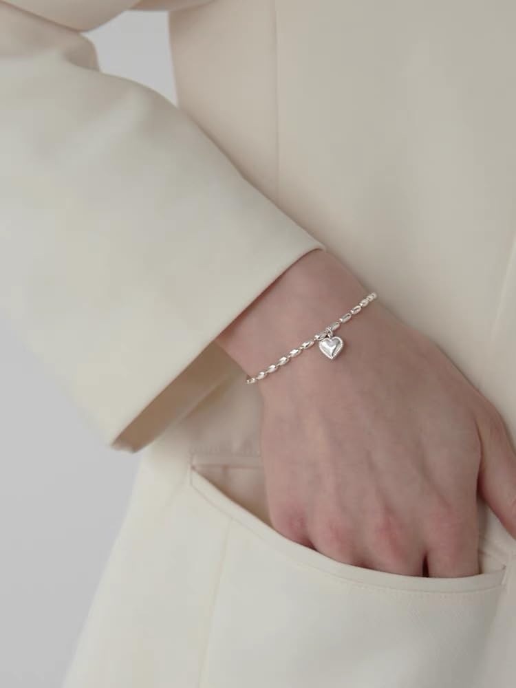 Sterling Silver Friendship Bracelet Adjustable Shiny Beaded Bracelet with Heart Charm for Women & Girls - Perfect Birthday Gift for Best Friends, Sister & Loved Ones (Great for Everyday Wear, Special Occasions & Gift Giving)