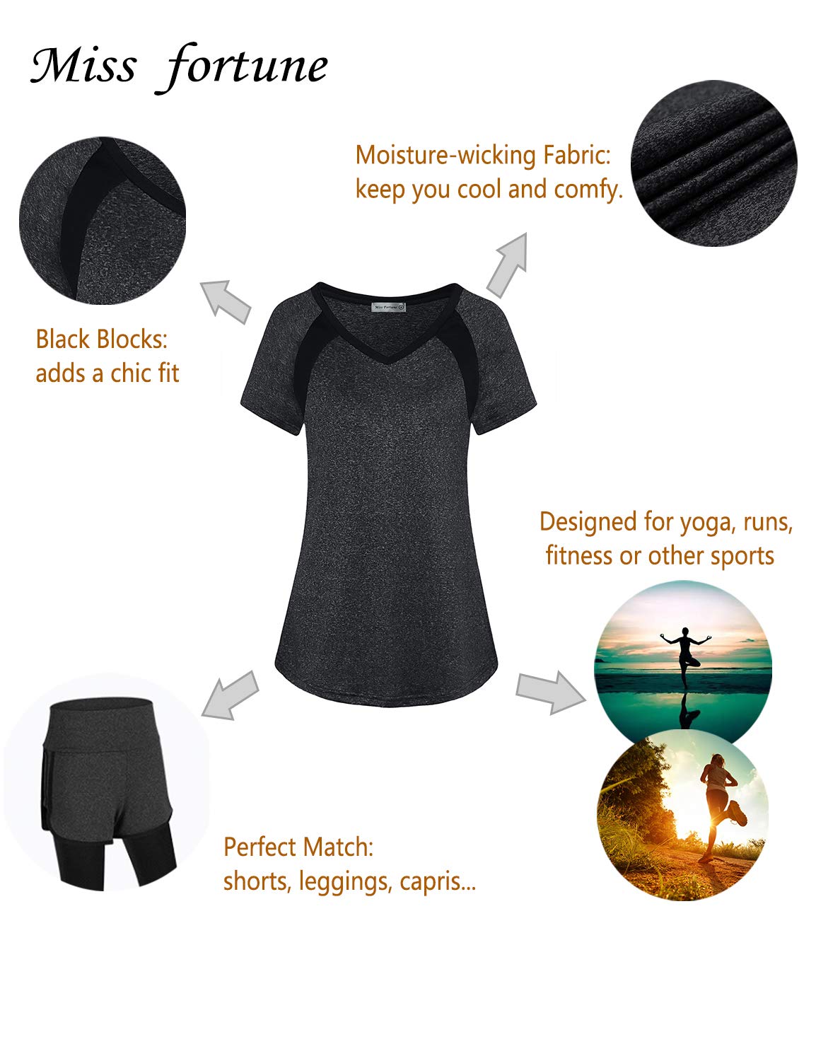 Miss Fortune Women's Active Wear Exercise Top - Breathable Yoga Shirt for Workout, Gym & Running | Comfortable Fitness Clothing for Yoga, Pilates & Cardio