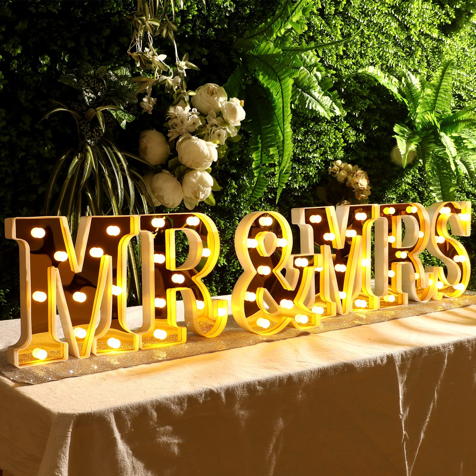 6 Pcs Mr and Mrs LED Sign with 12 Flameless LED Candles & 300 Artificial Rose Petals - Gold Wedding Table Decor for Romantic Nights, Anniversaries, and Valentine's Day Celebrations