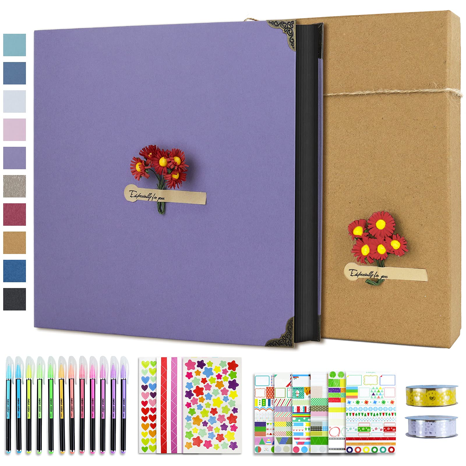 Vienrose DIY Scrapbook Photo Album Kit - 60 Pages 12x12 Inch Hardcover with Pens, Tapes & Stickers - 3-Ring Removable Black Paper Scrapbooking for Wedding, Anniversary, Birthday & Memory Keeping (Purple)