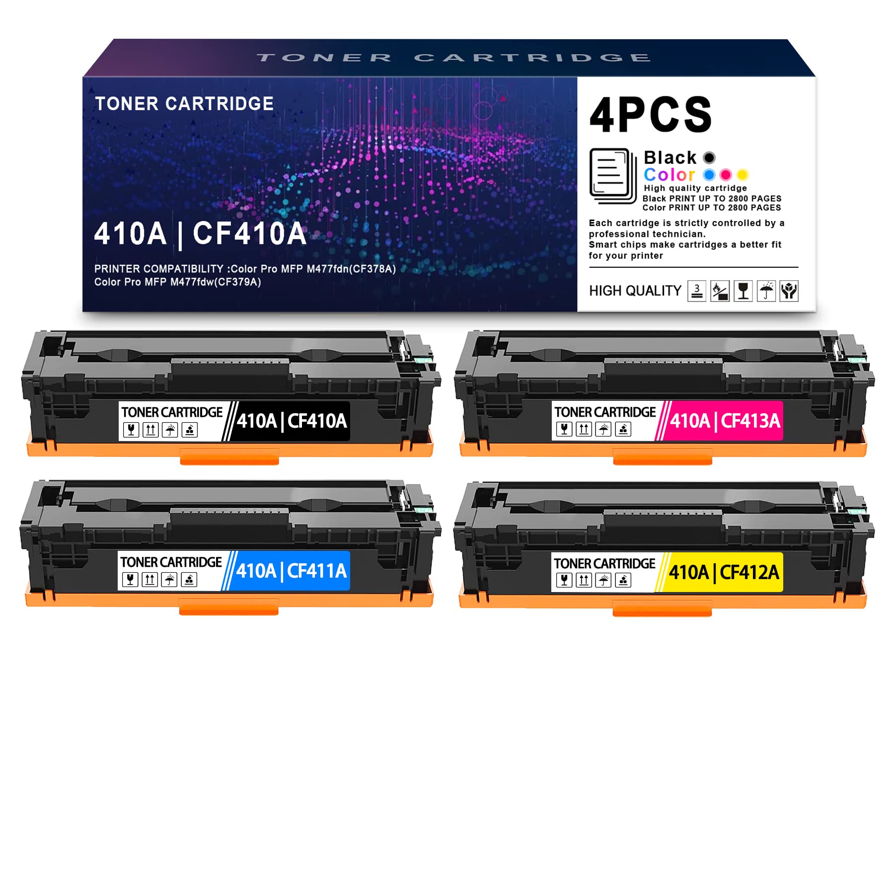 High Yield 4-Pack (1BK+1C+1Y+1M) CF410AQ Toner Cartridge - Compatible Replacement for HP Color Pro MFP M477fdn/M477fdw/M477fnw/M452dn/M452dw/M452nw Printers | Perfect for Office & Home Printing Needs