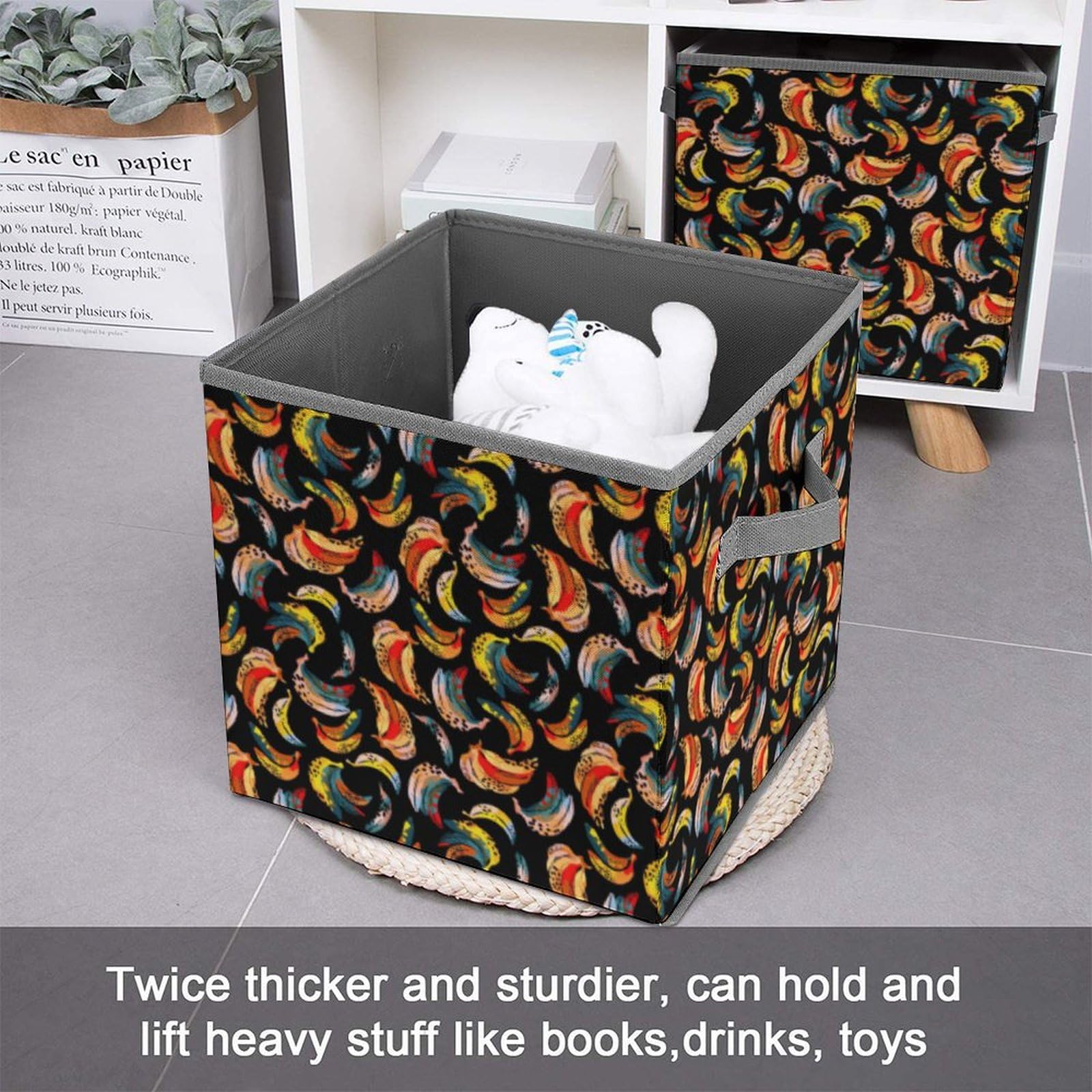 Abstract Leopard Banana Print Foldable Storage Bins 2-Pack - Collapsible Fabric Cube Baskets with Handles (10.6 Inch) for Nursery, Closet Organization, Clothes, Books & Toys Storage - Perfect for Kids Room, Playroom & Home Decor