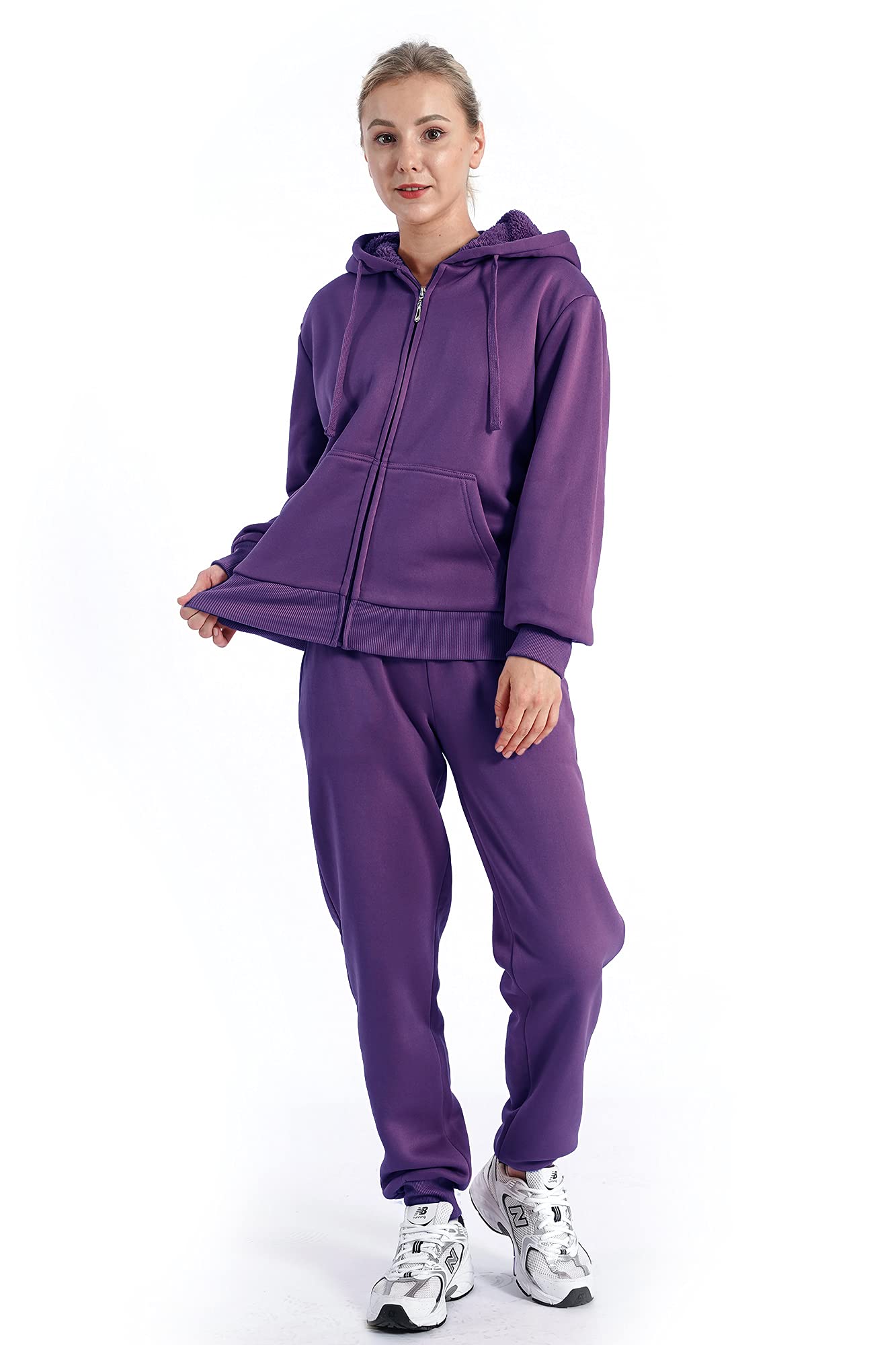 Women's Sherpa Lined 2-Piece Track Suit Set - Casual Winter Workout Outfits & Lounge Wear for Running, Yoga, and Home Comfort