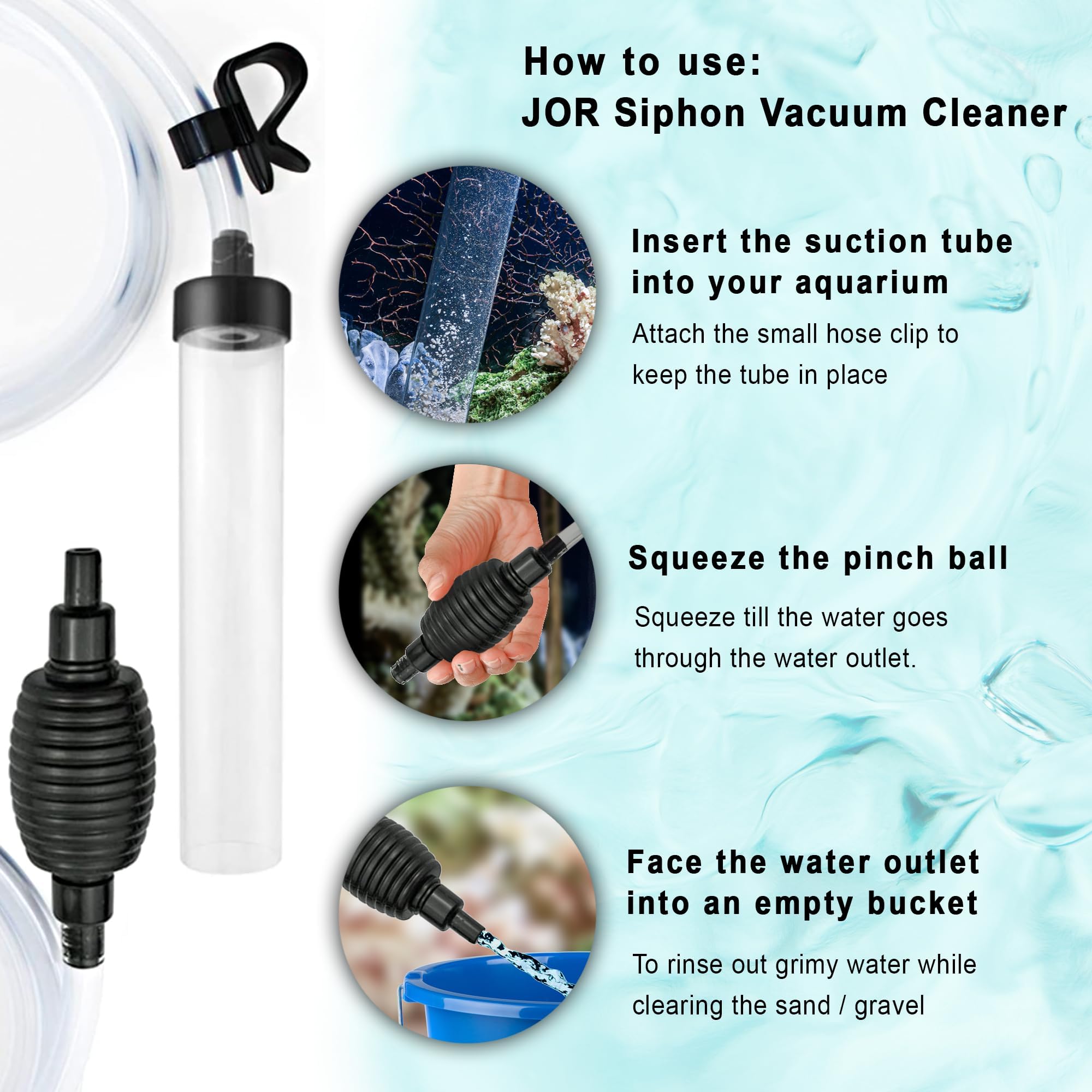 SunGrow Manual Aquarium Gravel Cleaner Siphon Vacuum - Fish Tank Water Changer Kit with Hose & Priming Bulb for Gravel & Sand Cleaning (Black) | Perfect for Freshwater & Saltwater Tanks, Easy Maintenance for Small to Medium Aquariums