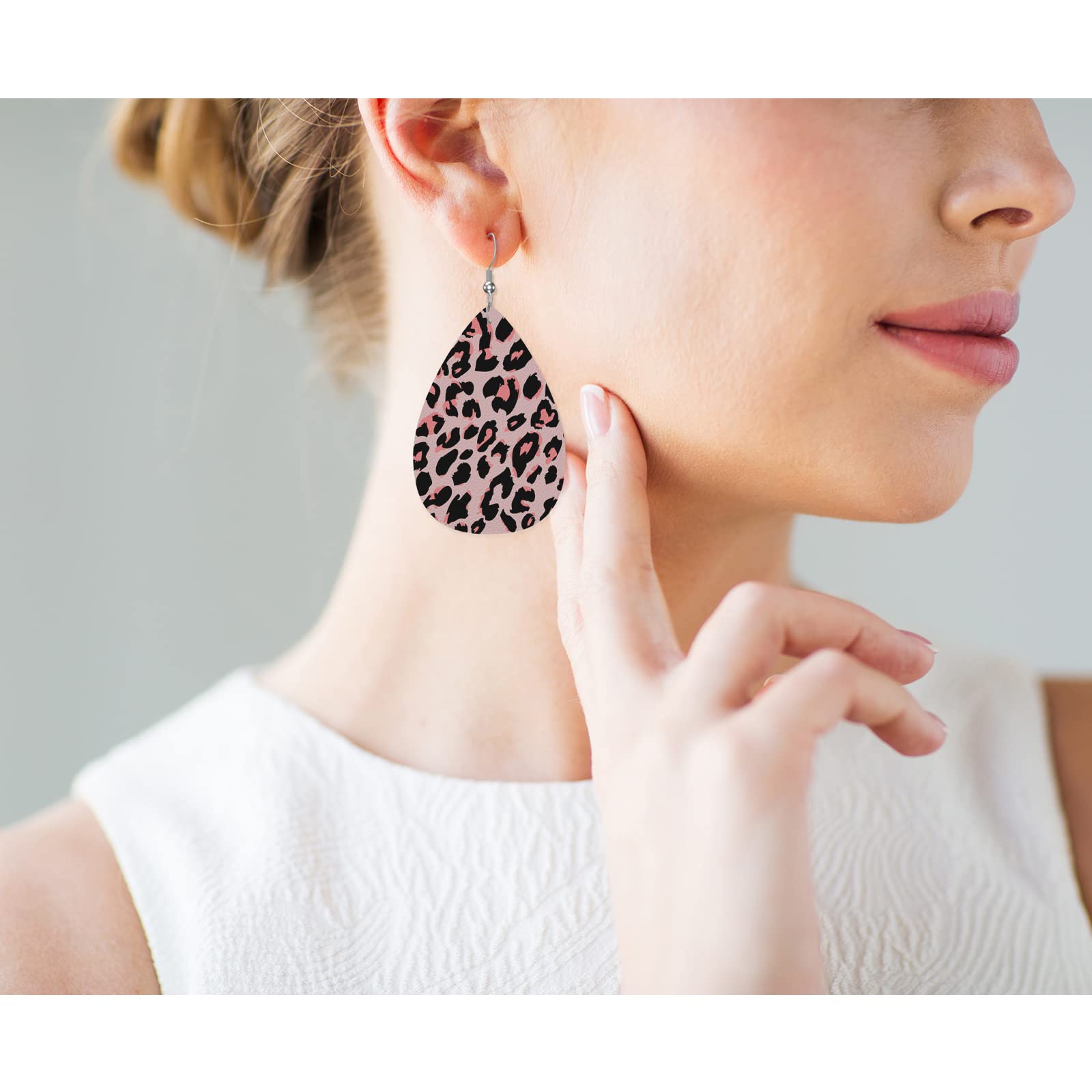 Pink Leopard Print Fashion Leather Teardrop Earrings for Women - Lightweight Animal Spot Skin Design, Africa Wild Leopard Cat Inspired Jewelry - Perfect for Bridal, Gifts, Parties and Everyday Wear