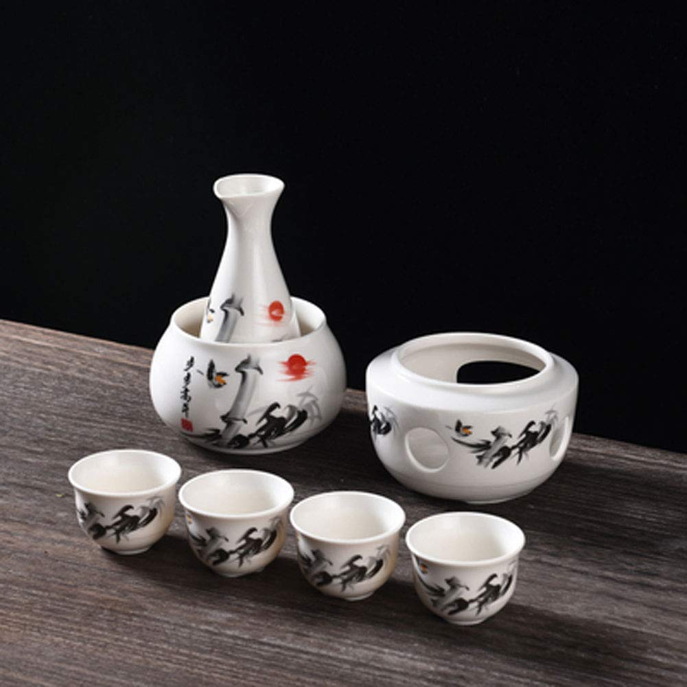 Premium Japanese Sake Warmer Set - 7-Piece Traditional Porcelain Saki Heating Kit with Stove, Warming Bowl, Sake Bottle & 4 Cups (Candle Not Included) - Perfect for Home Entertaining, Japanese Restaurants & Cultural Celebrations