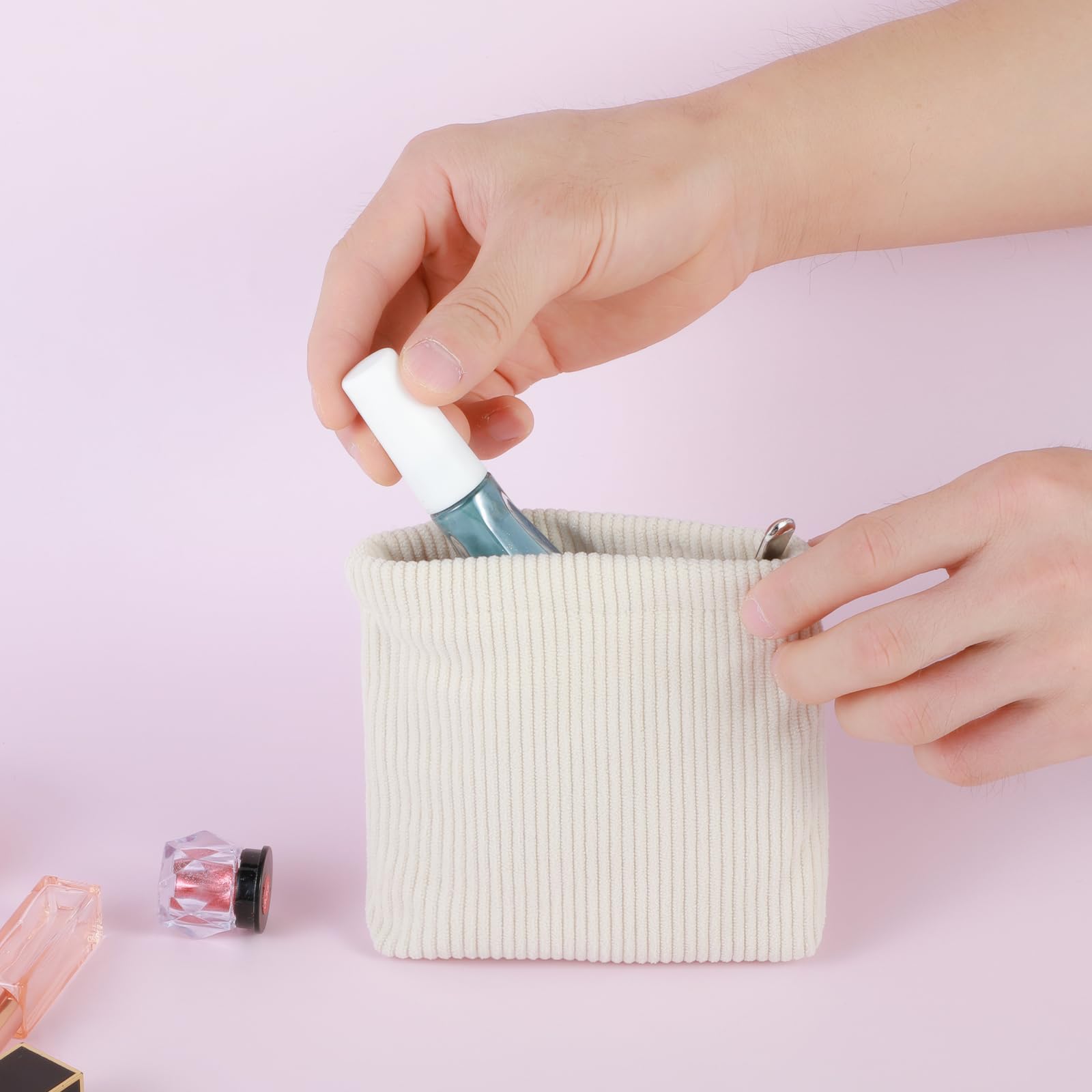 Corduroy Mini Makeup Bag for Women - Small Cosmetic Pouch, Travel Toiletry Organizer & Coin Purse - Portable Cream White Handbag for Daily Use, School, Office & Travel Accessories Storage