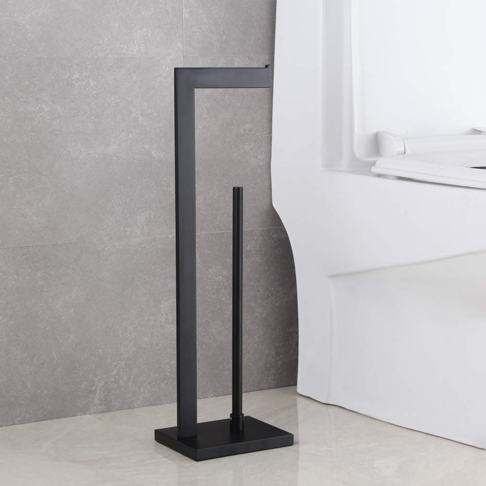 Premium GERZWY SUS 304 Stainless Steel Free Standing Toilet Paper Holder - Matte Black Bathroom Tissue Stand with Reserve Storage | Durable Lavatory Pedestal for Home, Office & Guest Bathroom Decor