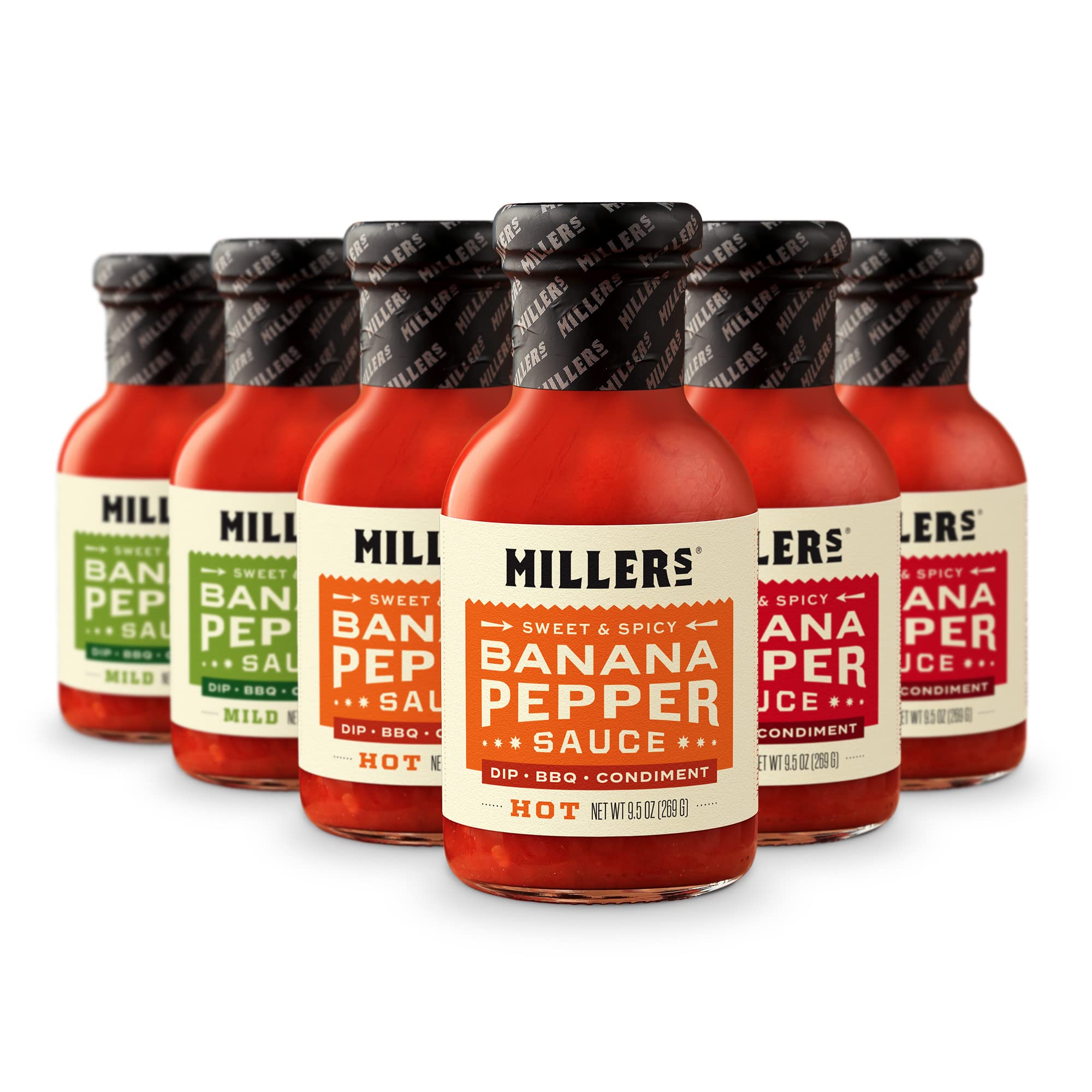 Miller's Banana Pepper Sauce Variety Pack - Hot, Mild & Habanero Hot Sauces - Non-GMO Verified (9.5oz, 6-Pack) - Perfect for Wings, Burgers, Sandwiches & Mexican Cuisine
