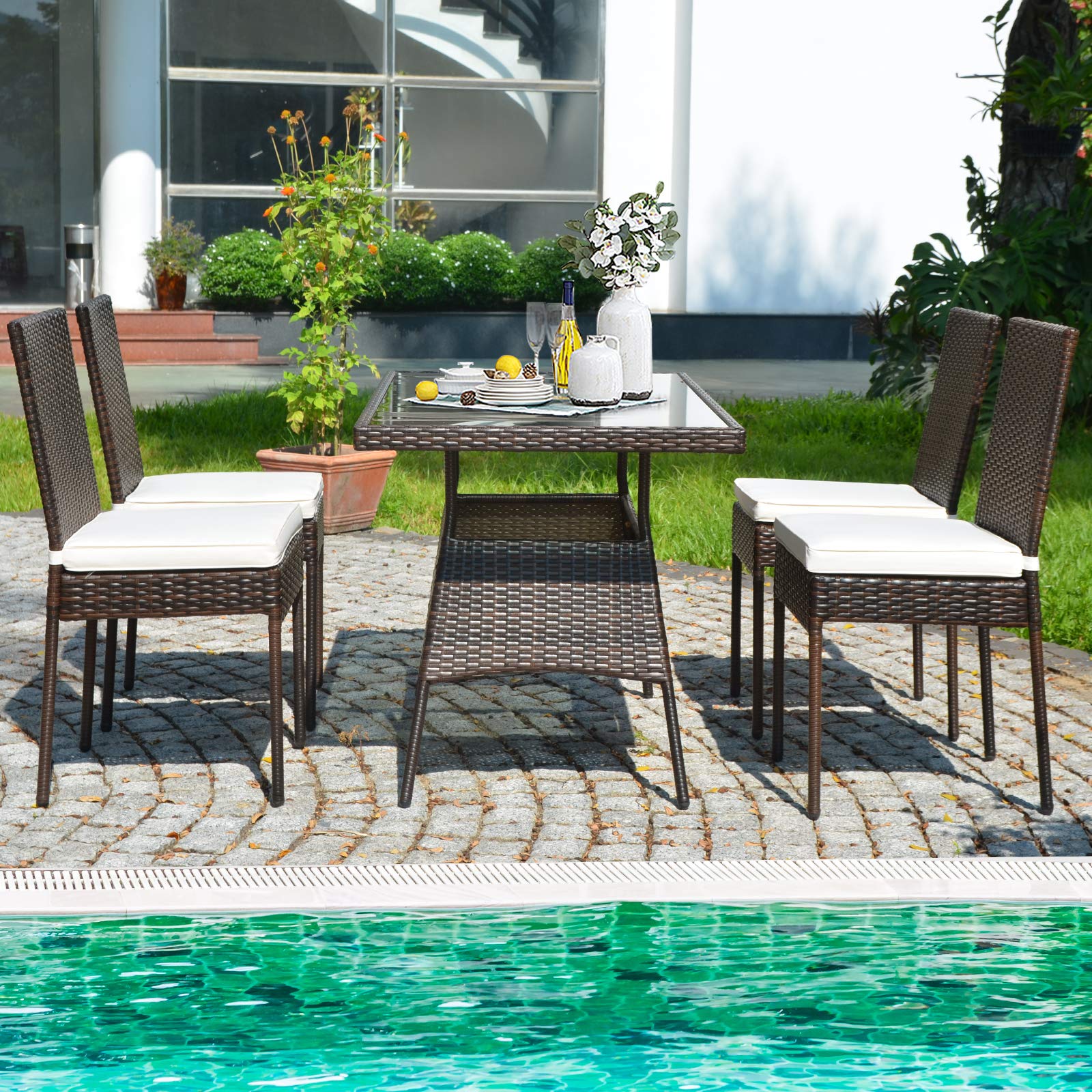 5-Piece Brown Patio Wicker Dining Set - Outdoor Rattan Table & Chairs with Tempered Glass Top & Cushions - Perfect for Backyard, Balcony, Garden & Poolside Dining