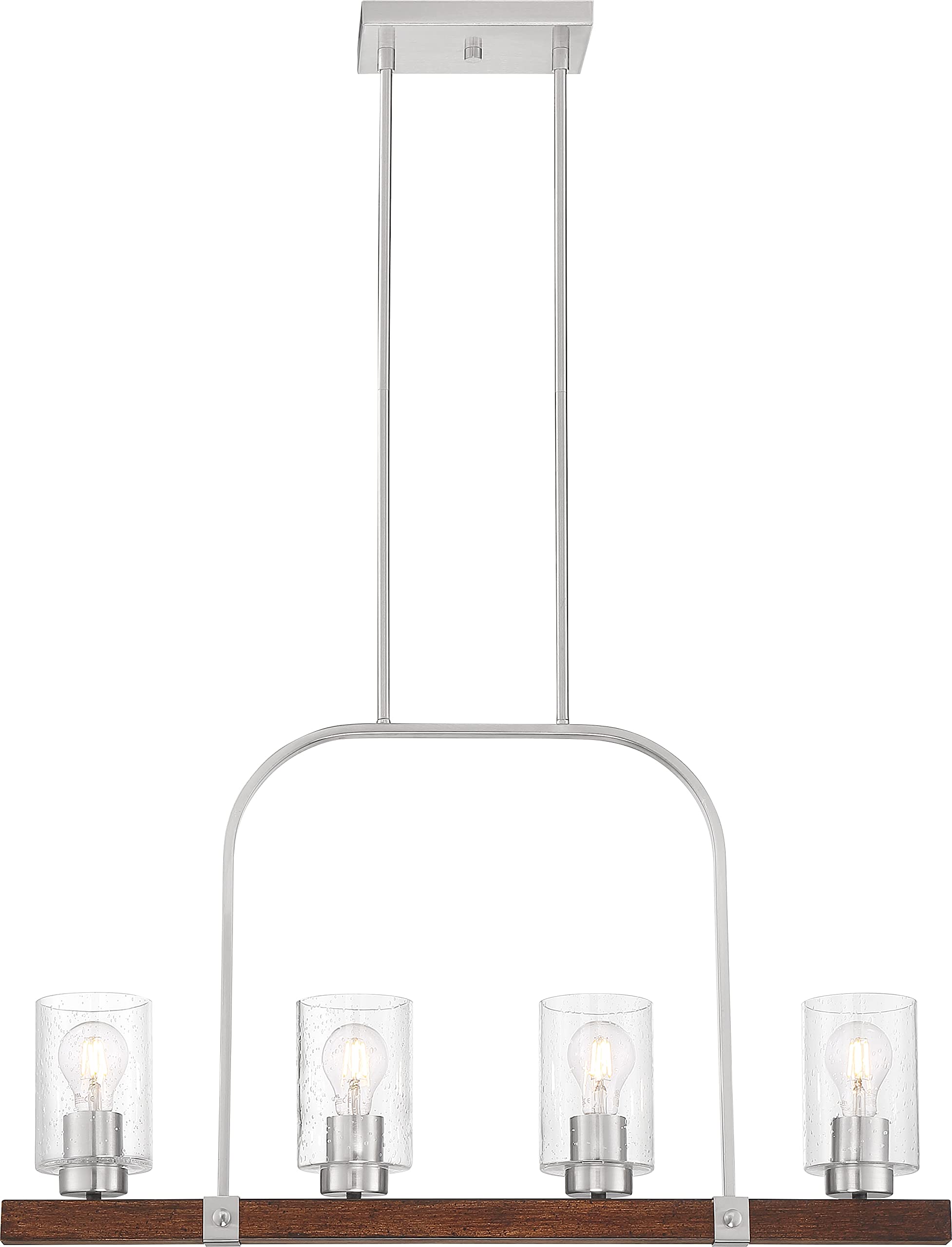 NUVO 60/6967 Arabel Island 4-Light Pendant Light Fixture - Brushed Nickel & Nutmeg Wood Finish with Clear Seeded Glass - Perfect for Kitchen Island, Dining Room, or Entryway Lighting