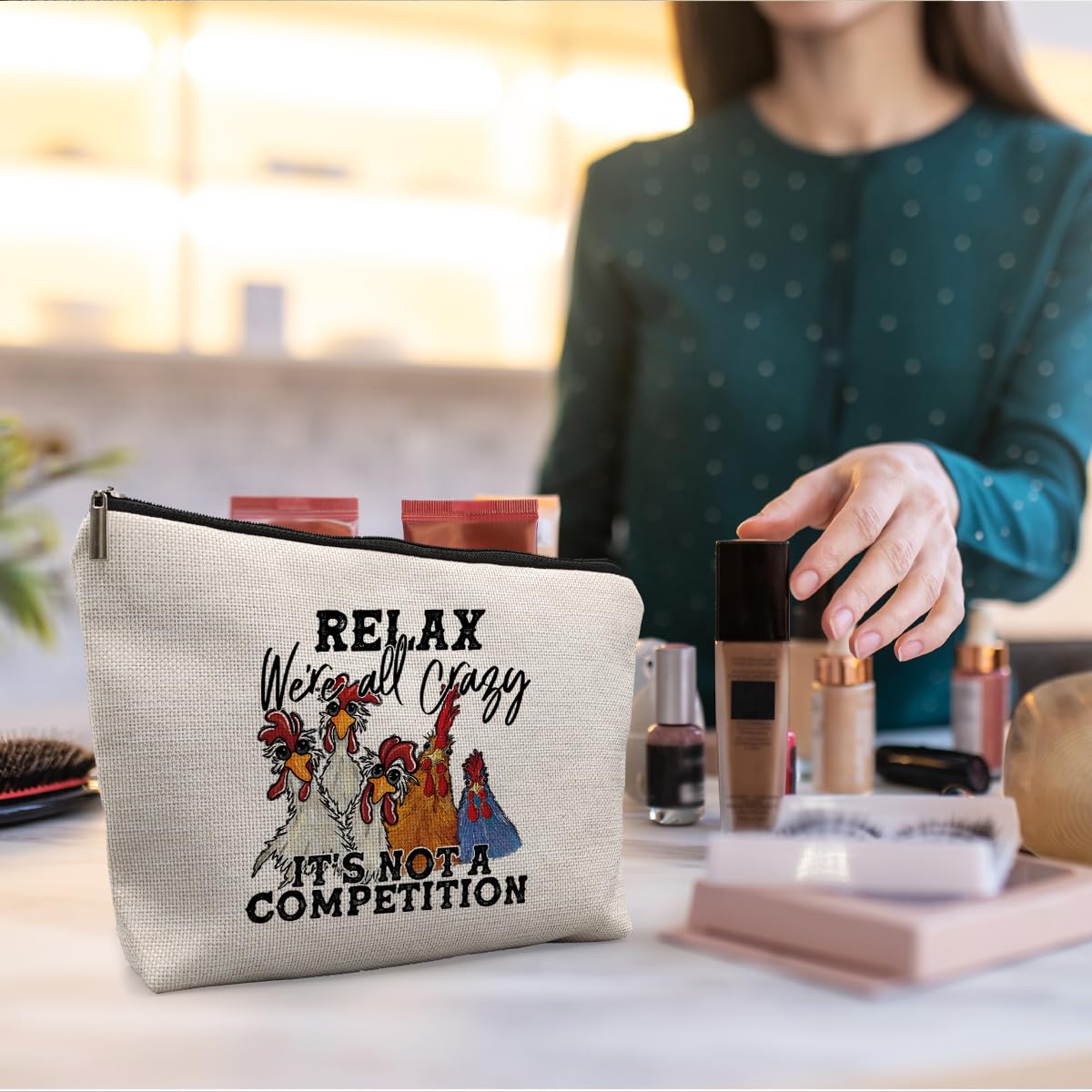 Funny Chicken Makeup Bag for Women - Crazy Chicken Lovers Gift | Cute Cosmetic Pouch for Travel, Gym & Daily Use