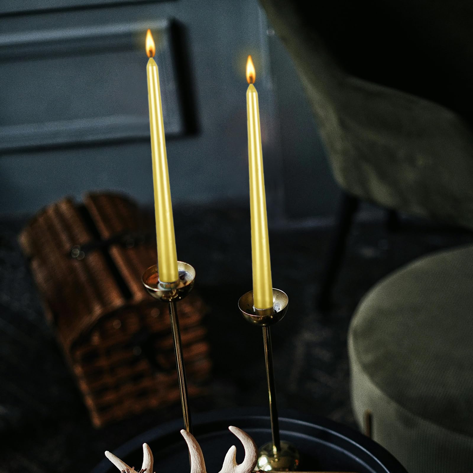 12 Pack 10 Inch Spiral Taper Candles - Long Lasting 8 Hours, Unscented & Smokeless - Elegant Glossy Gold for Home Decor, Dinner Parties, Weddings, Halloween & Christmas Celebrations
